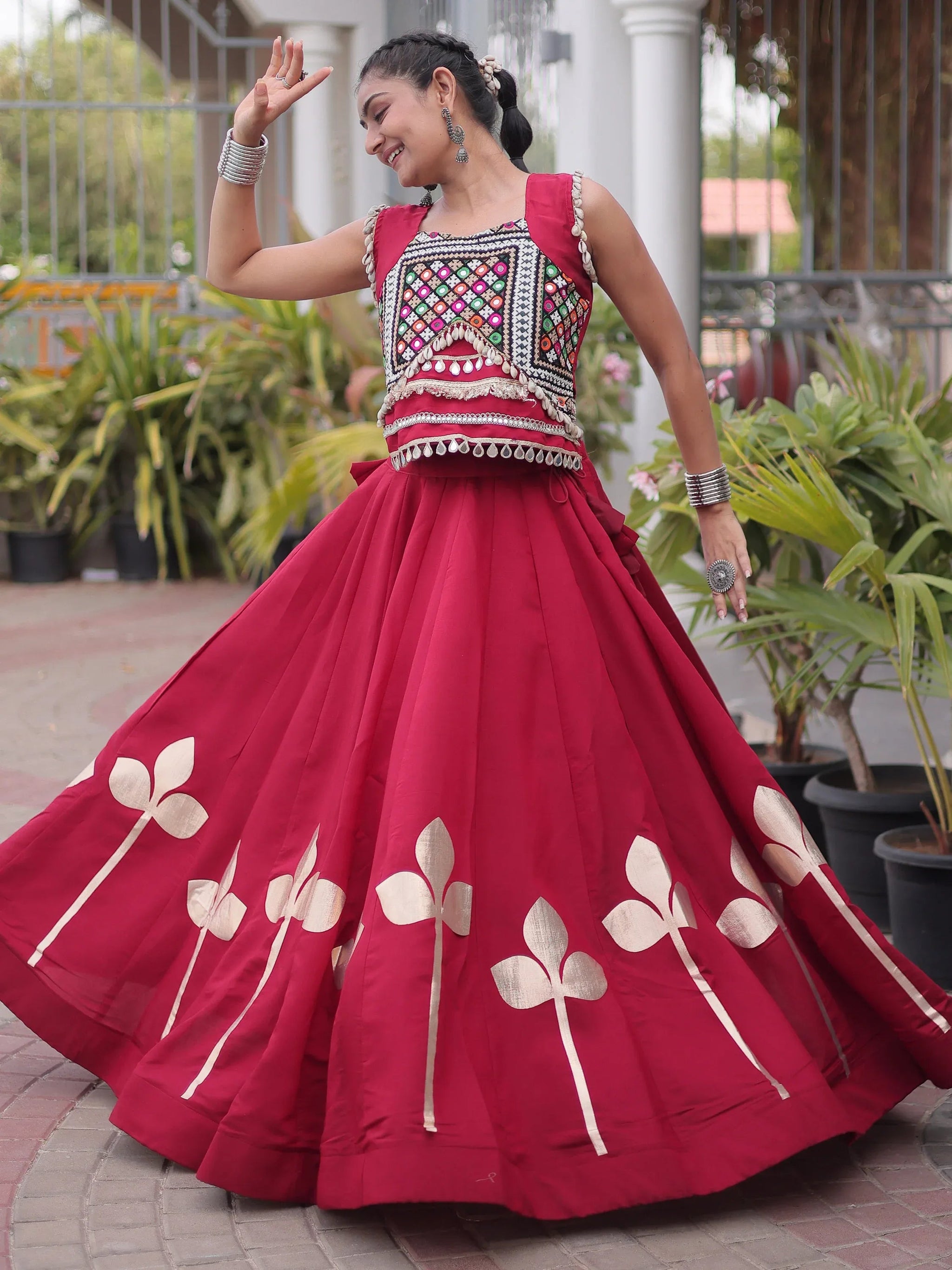 Maroon Gamthi Work Silk Navratri Special Lehenga With Blouse