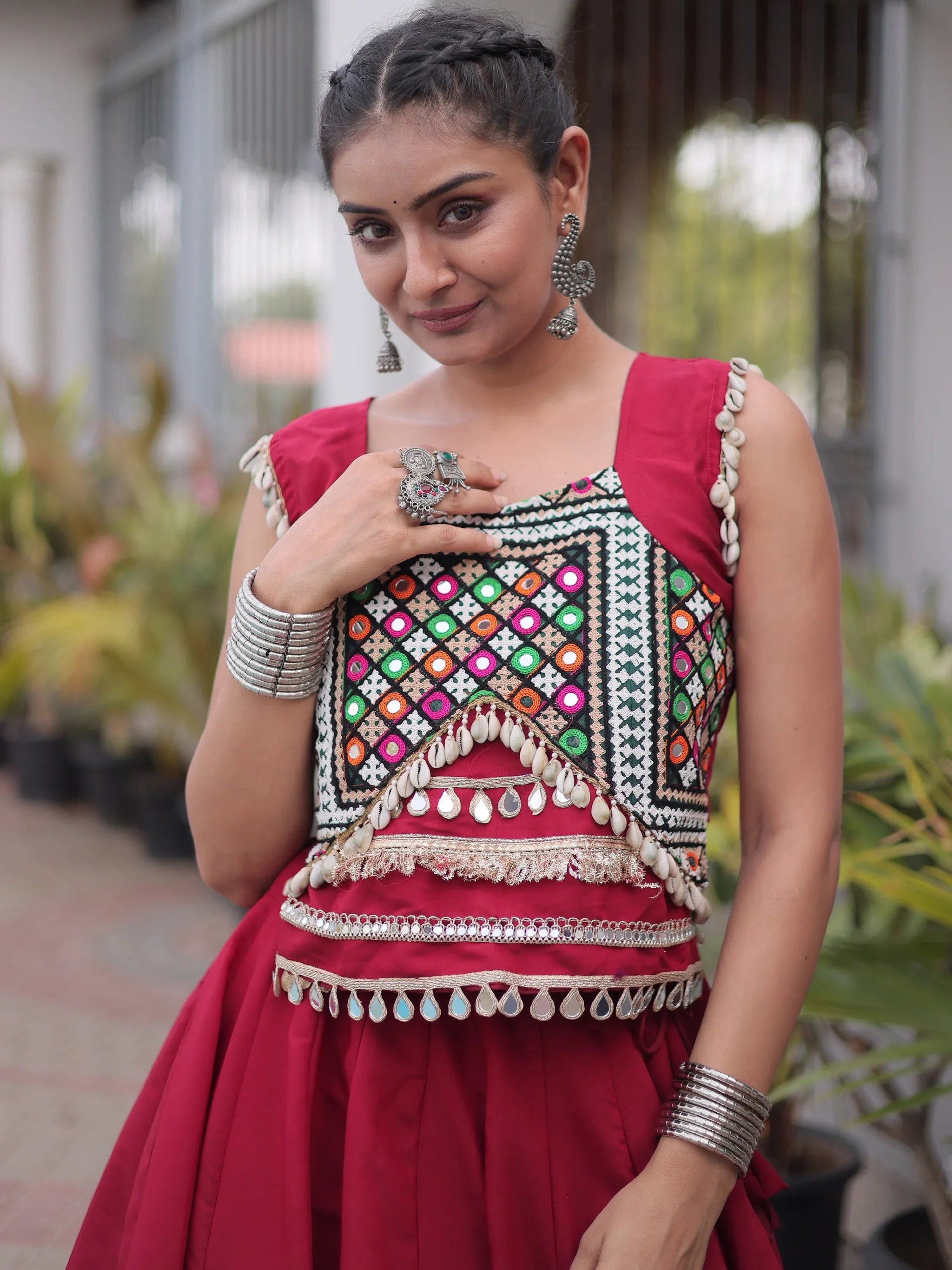 Maroon Gamthi Work Silk Navratri Special Lehenga With Blouse