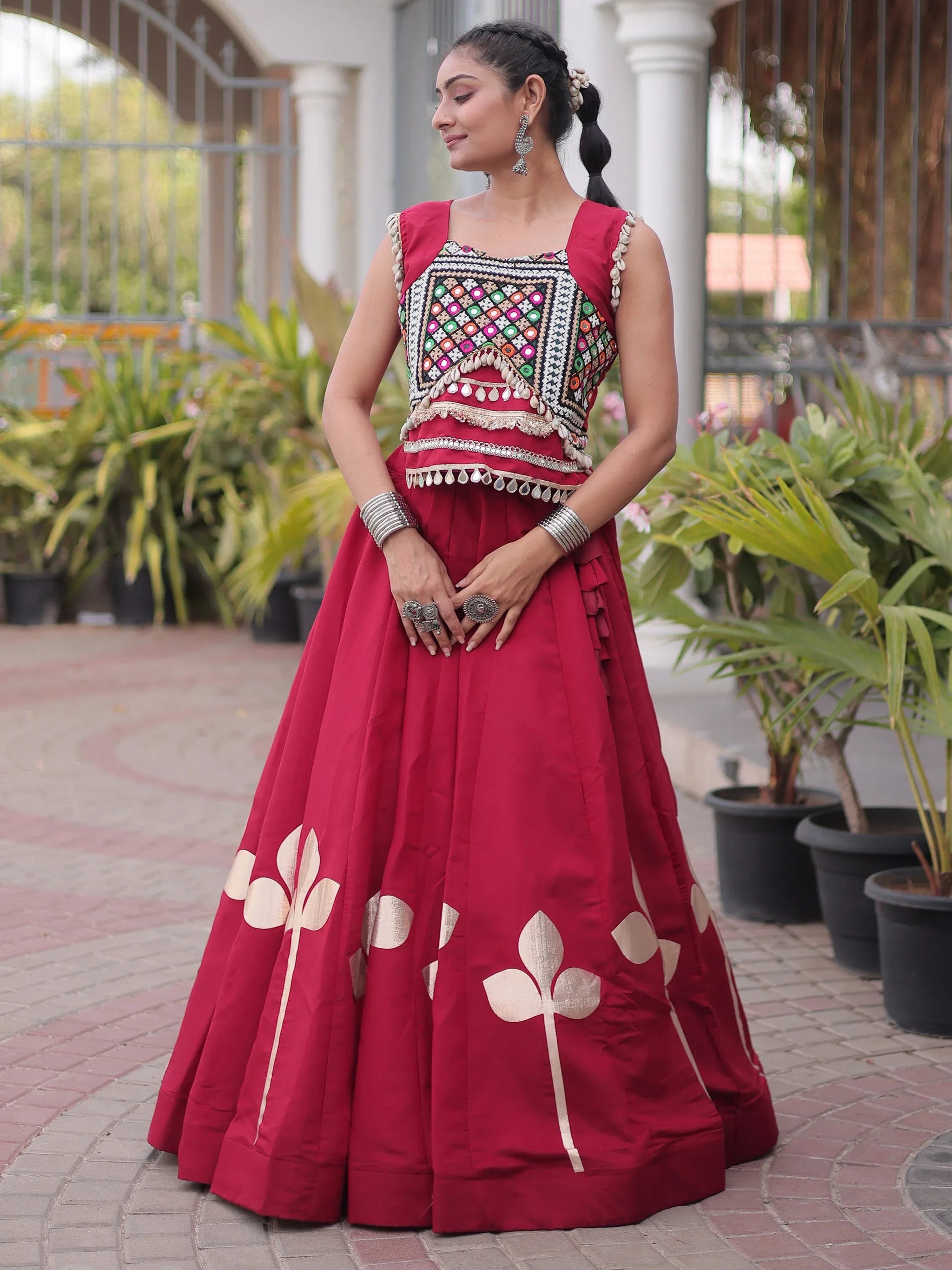Maroon Gamthi Work Silk Navratri Special Lehenga With Blouse