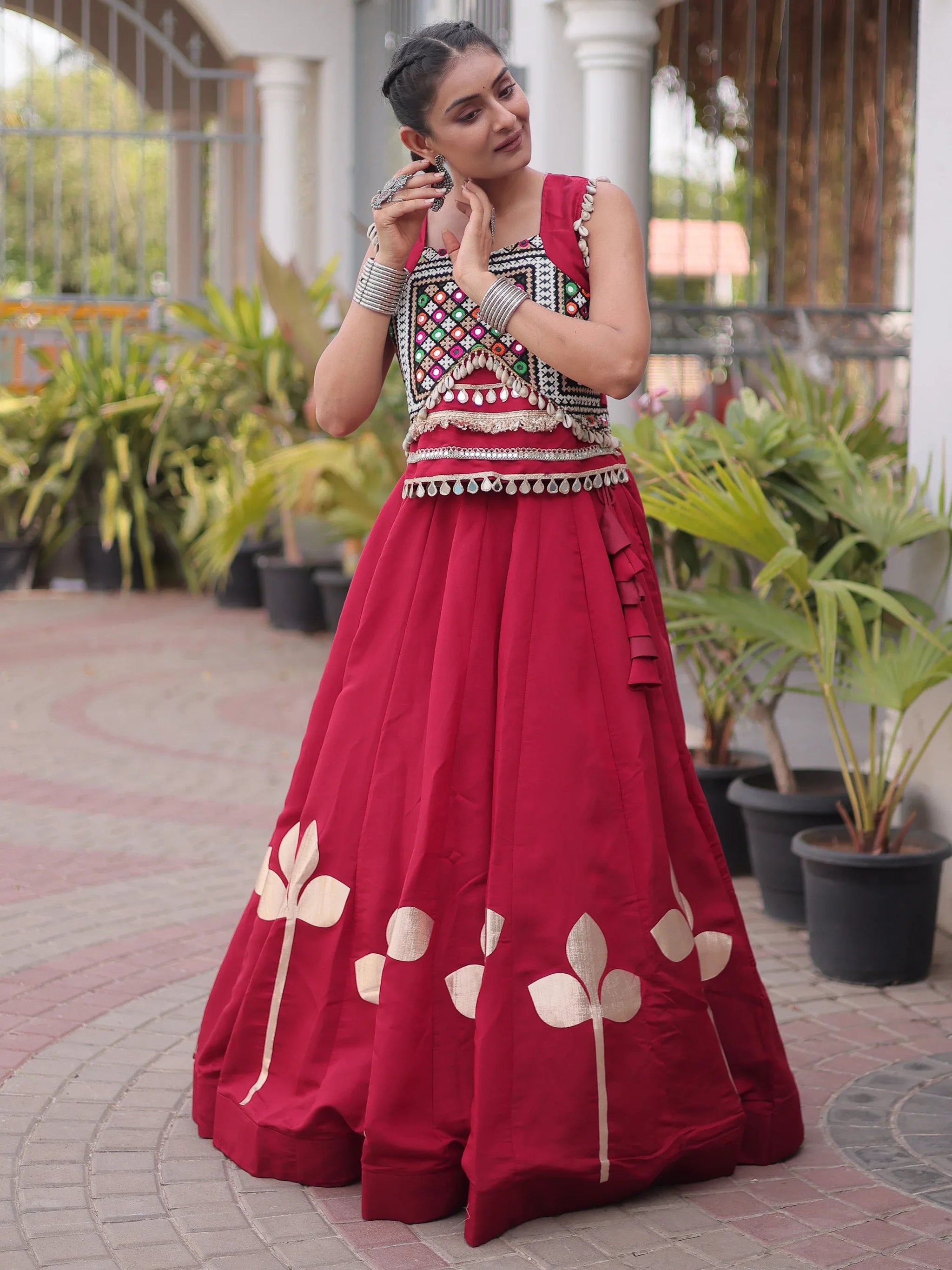 Maroon Gamthi Work Silk Navratri Special Lehenga With Blouse
