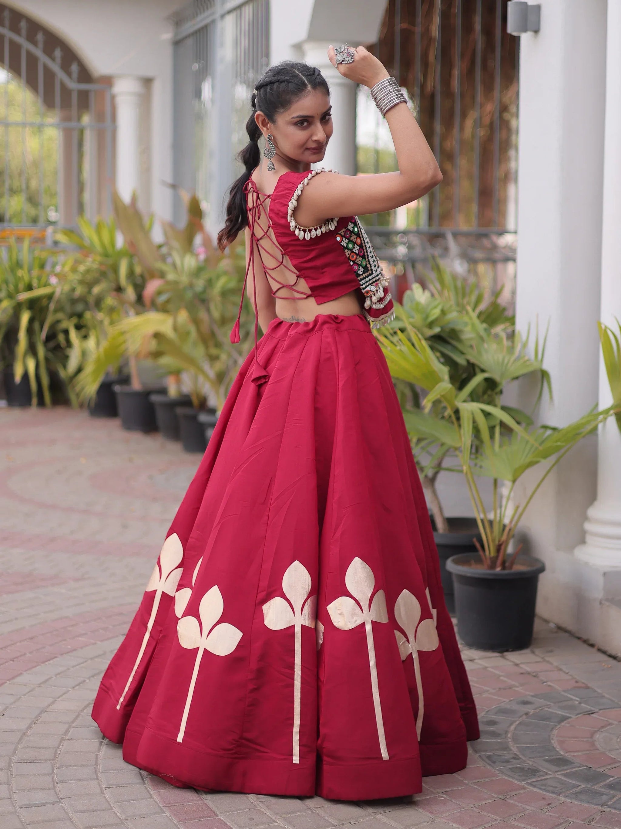 Maroon Gamthi Work Silk Navratri Special Lehenga With Blouse