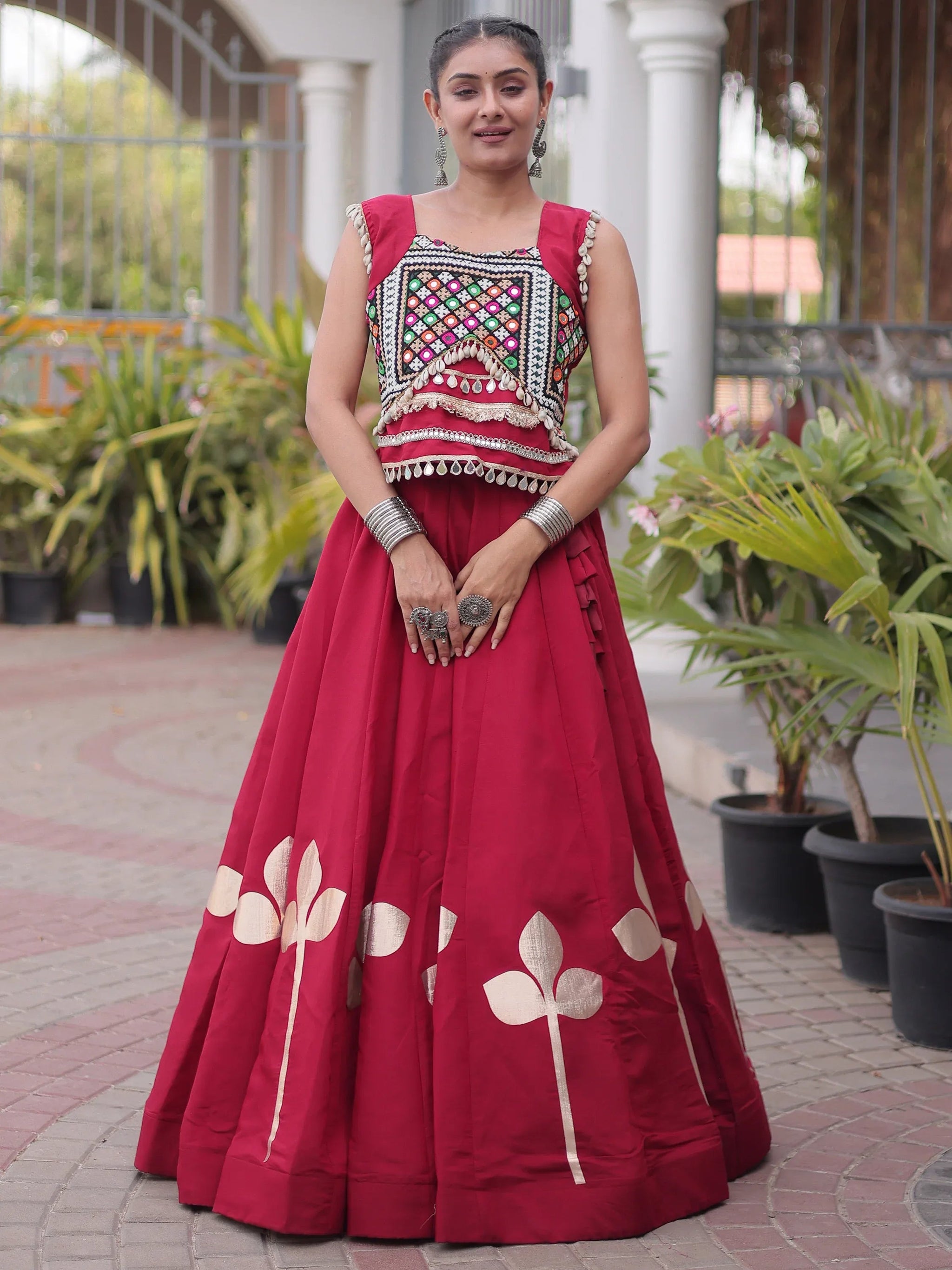 Maroon Gamthi Work Silk Navratri Special Lehenga With Blouse