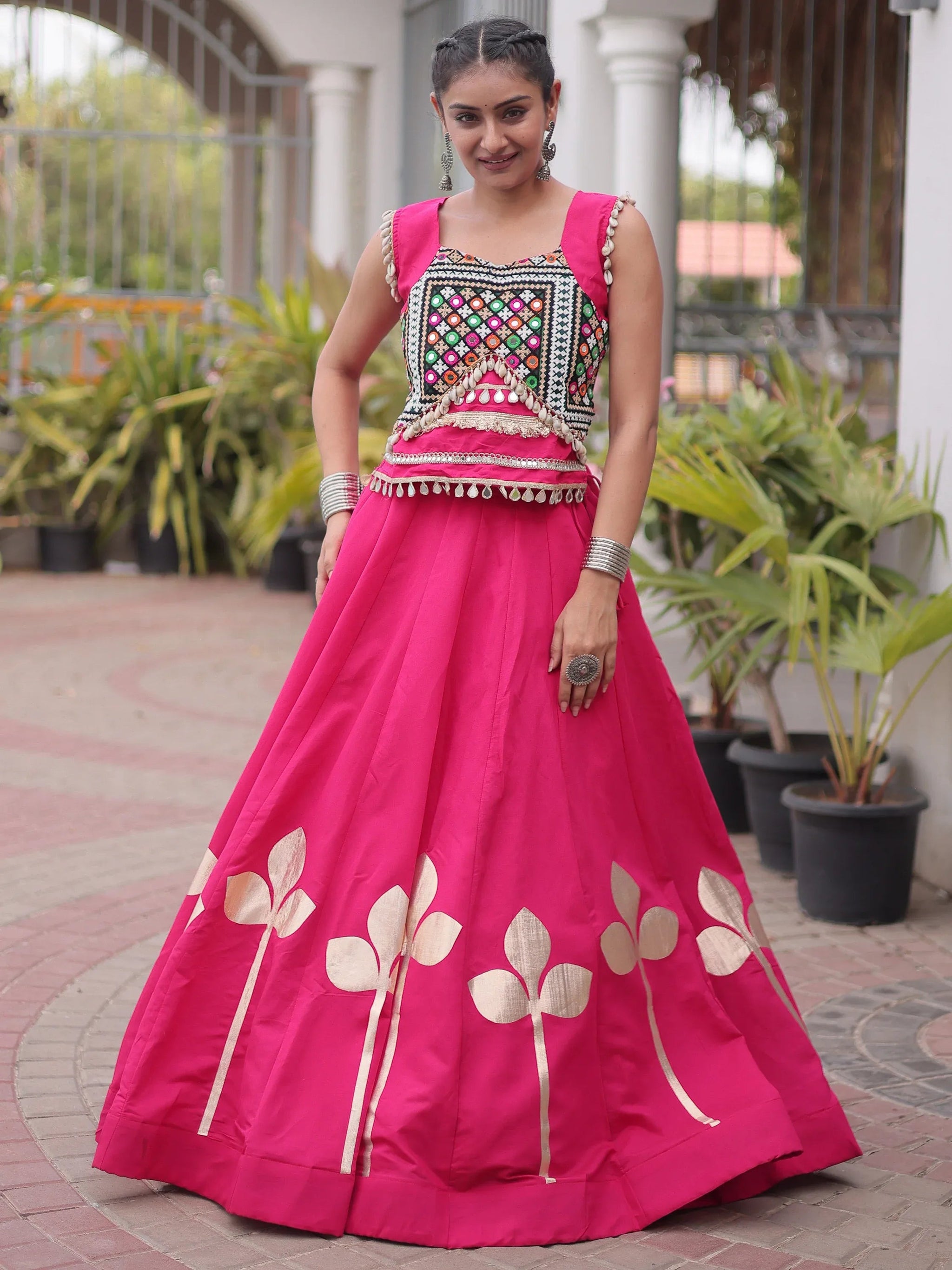 Rani Pink Kutchi Work Silk Navratri Wear Lehenga Choli