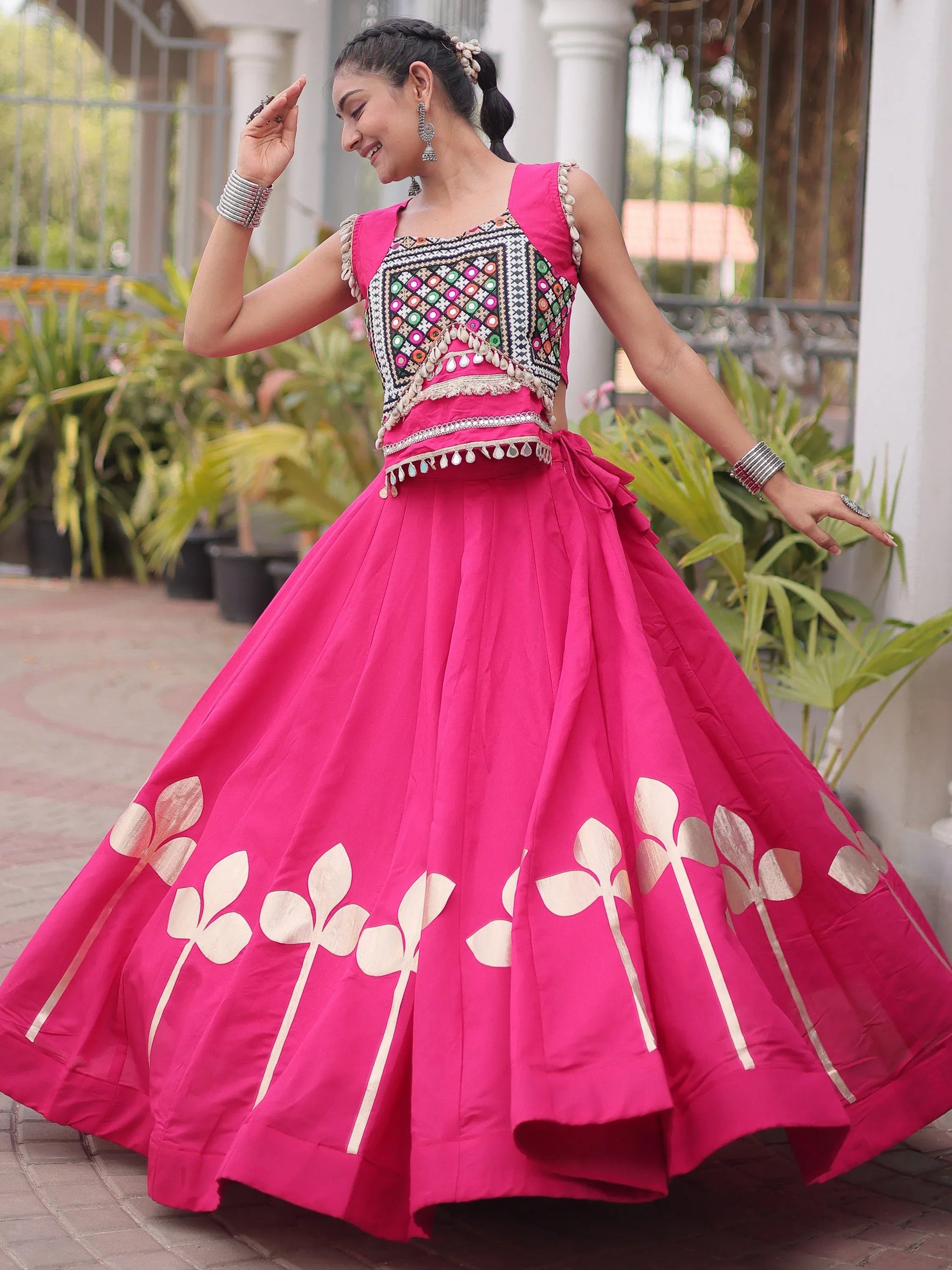 Rani Pink Kutchi Work Silk Navratri Wear Lehenga Choli