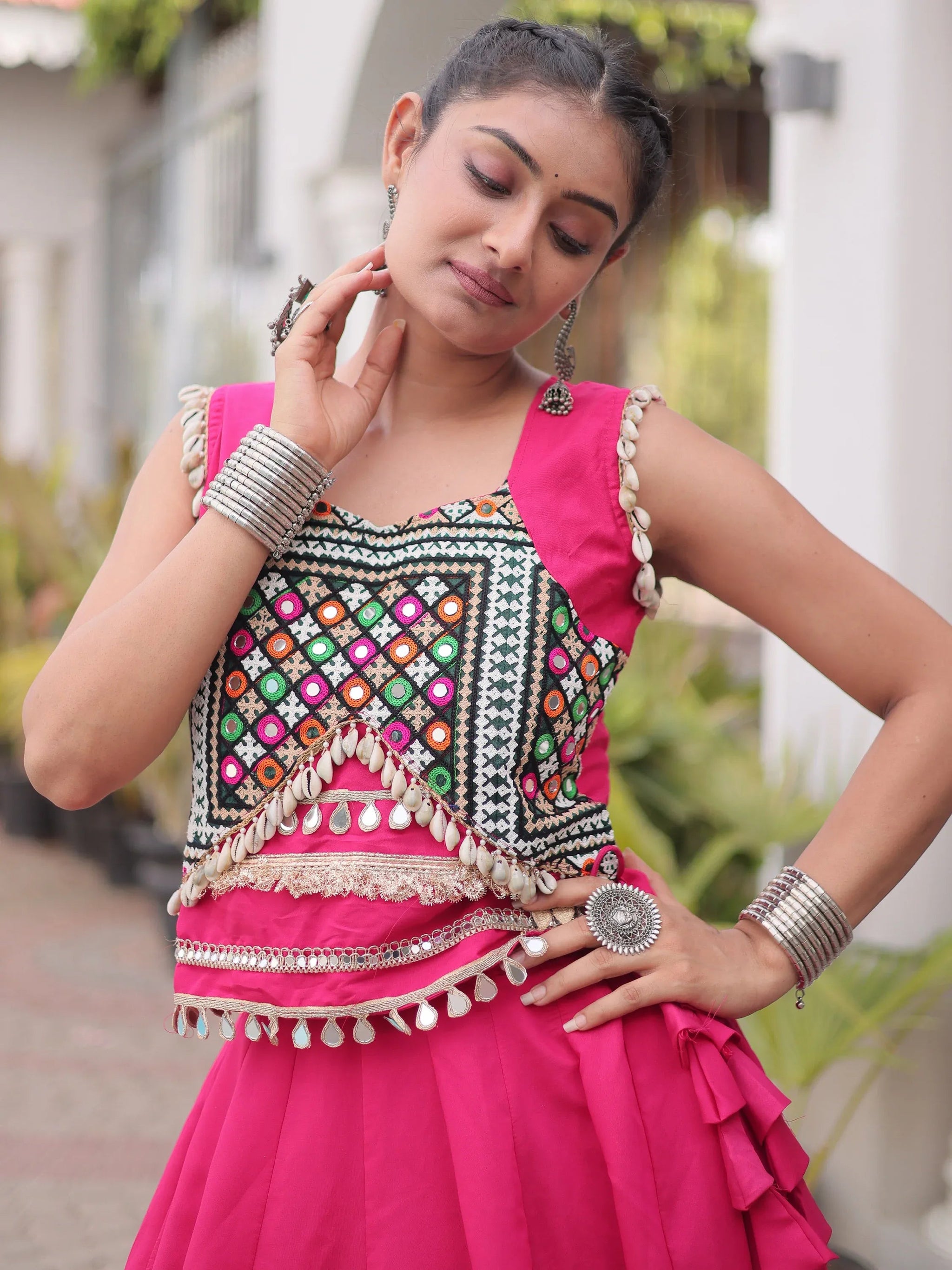 Rani Pink Kutchi Work Silk Navratri Wear Lehenga Choli