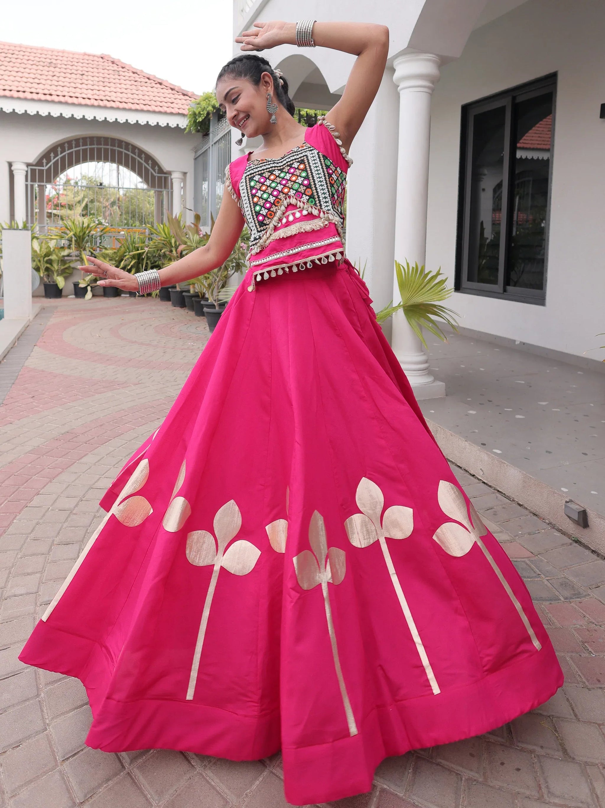 Rani Pink Kutchi Work Silk Navratri Wear Lehenga Choli