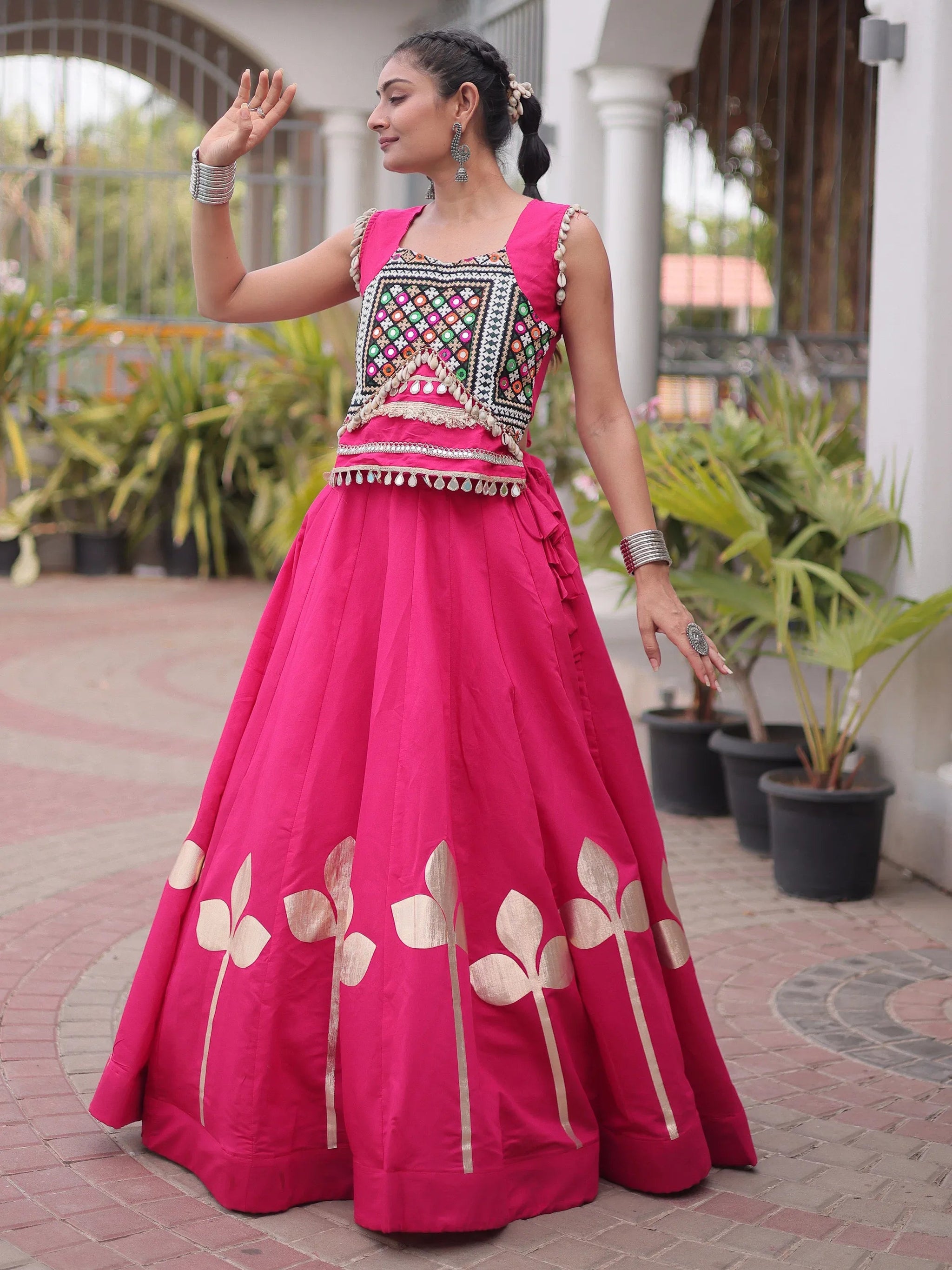 Rani Pink Kutchi Work Silk Navratri Wear Lehenga Choli