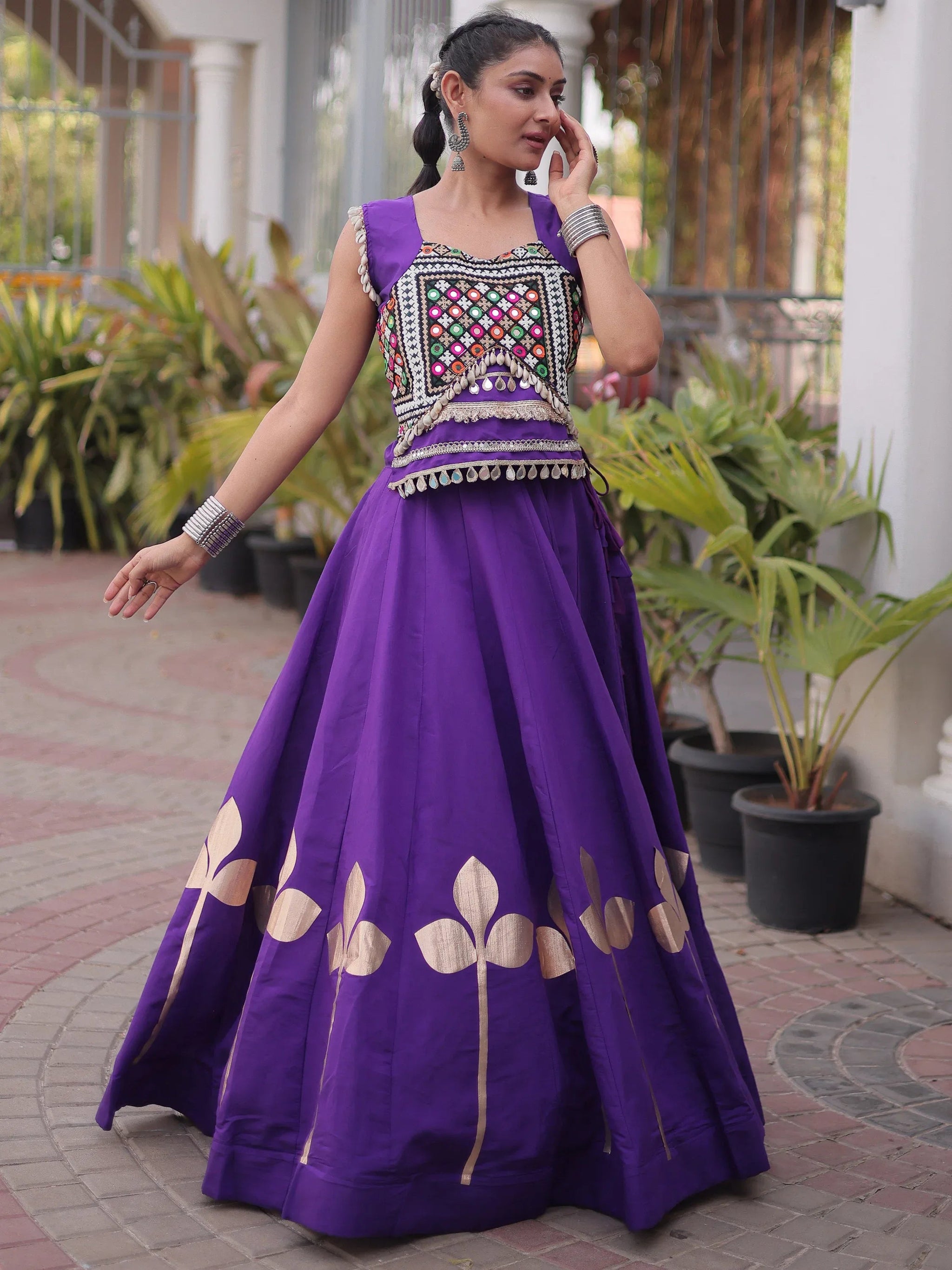 Purple Gamthi Work Silk Navratri Special Lehenga With Blouse