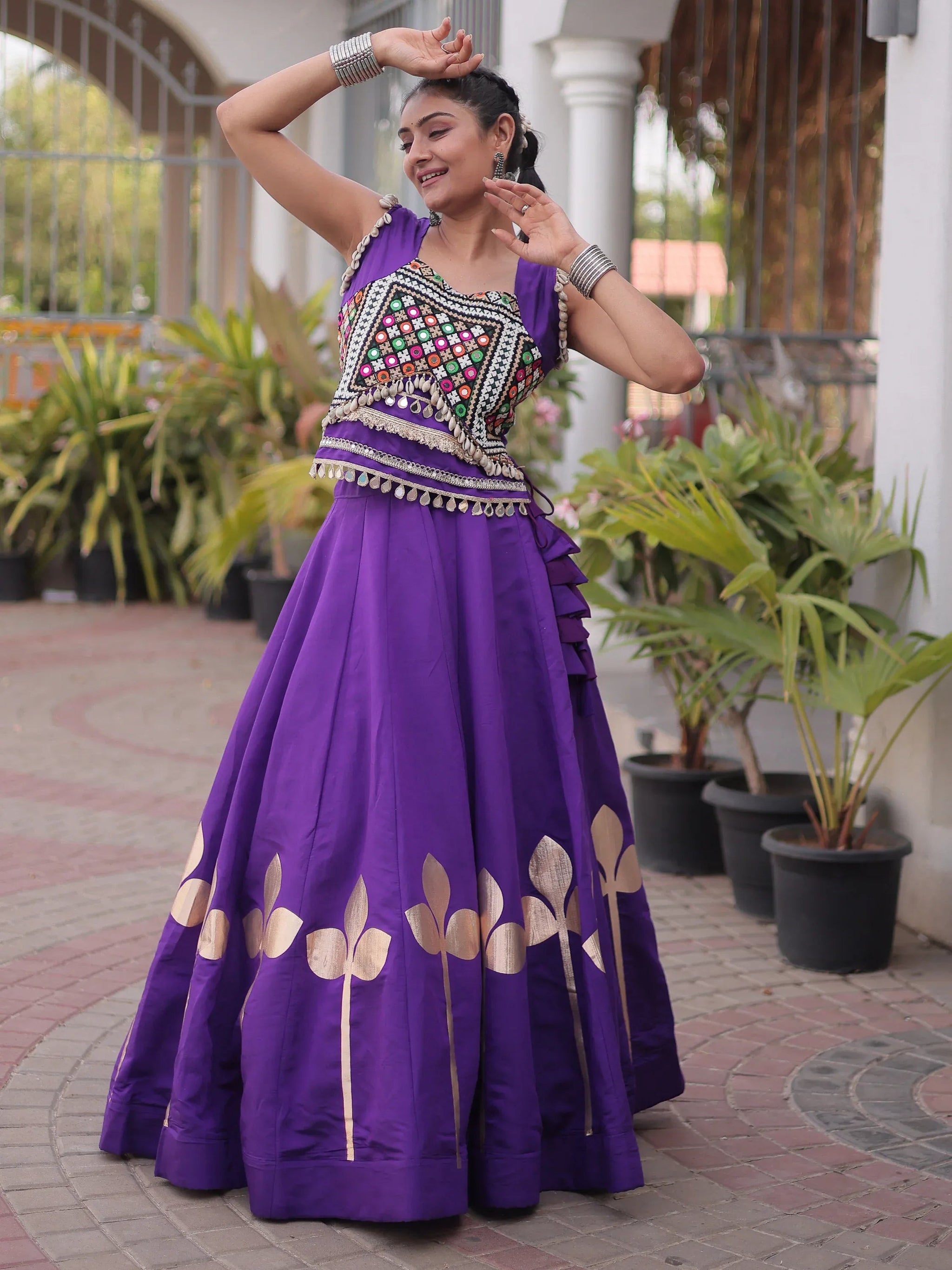 Purple Gamthi Work Silk Navratri Special Lehenga With Blouse