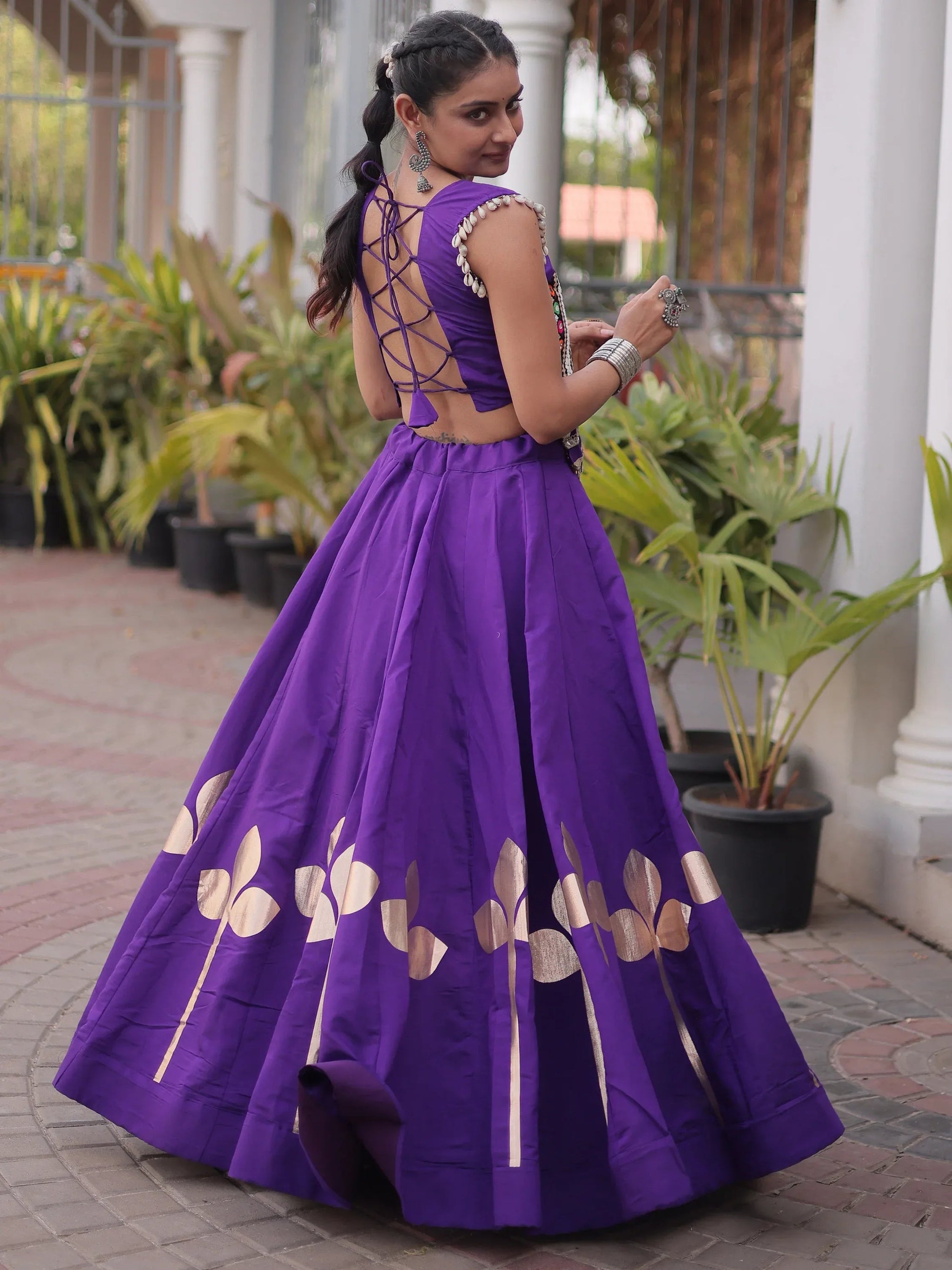Purple Gamthi Work Silk Navratri Special Lehenga With Blouse