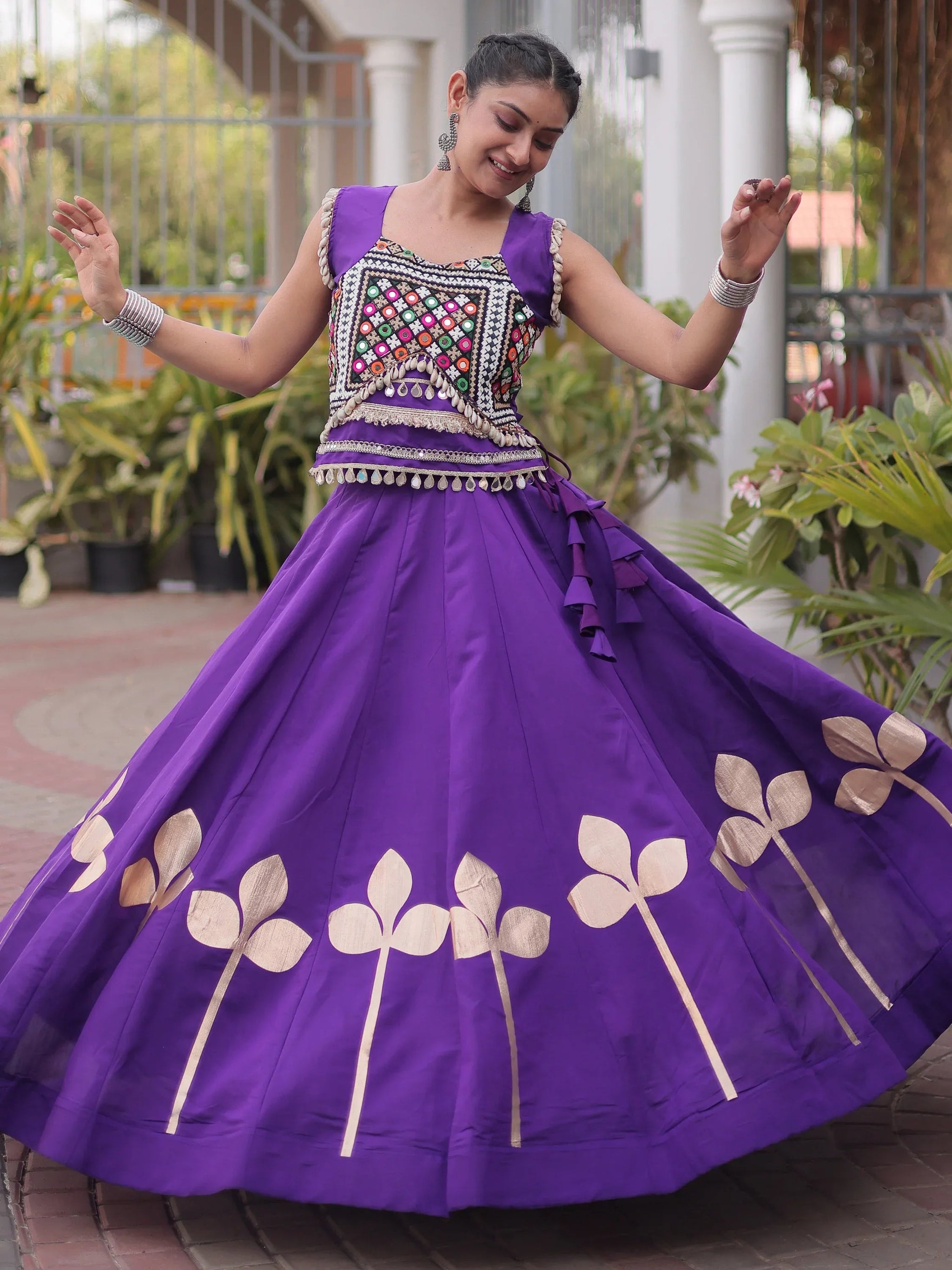 Purple Gamthi Work Silk Navratri Special Lehenga With Blouse