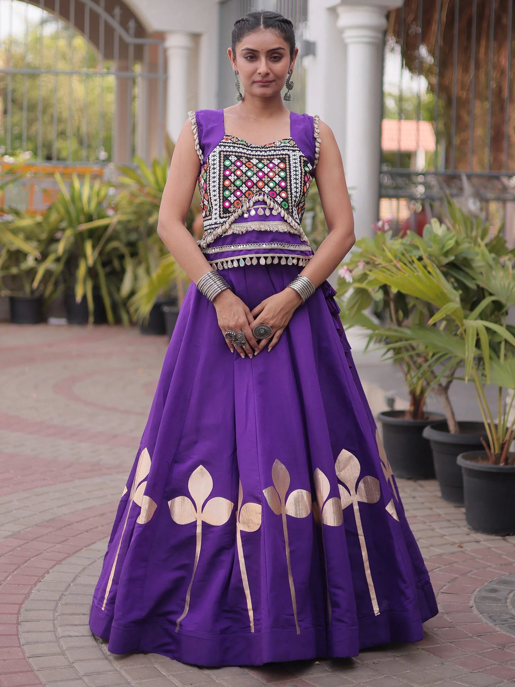 Purple Gamthi Work Silk Navratri Special Lehenga With Blouse