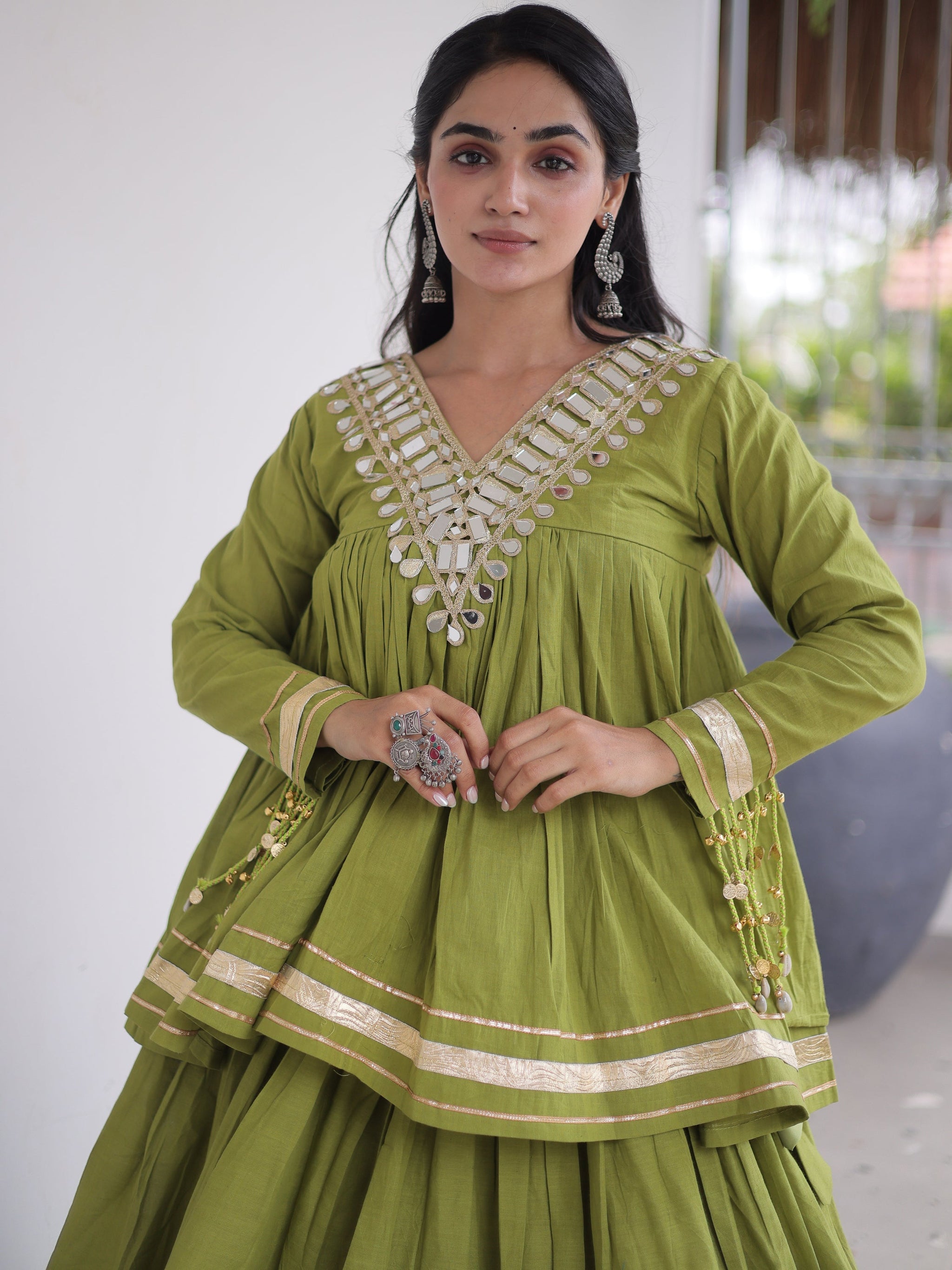 Gorgeous Olive Green Gota-Laced Navratri Wear Lehenga With Peplum Top