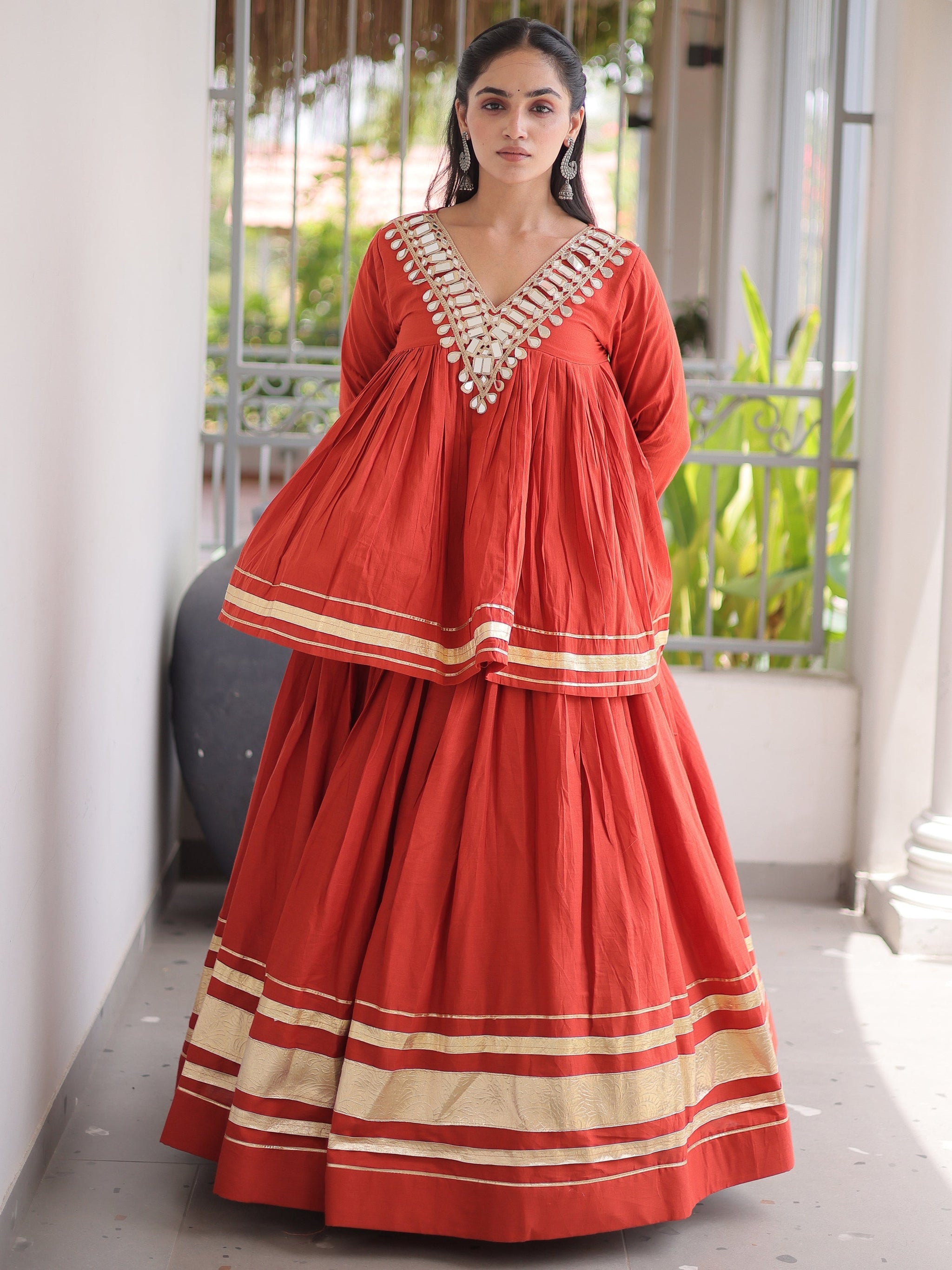 Rich Rust Orange Gota-Laced Festive Wear Lehenga With Peplum Top
