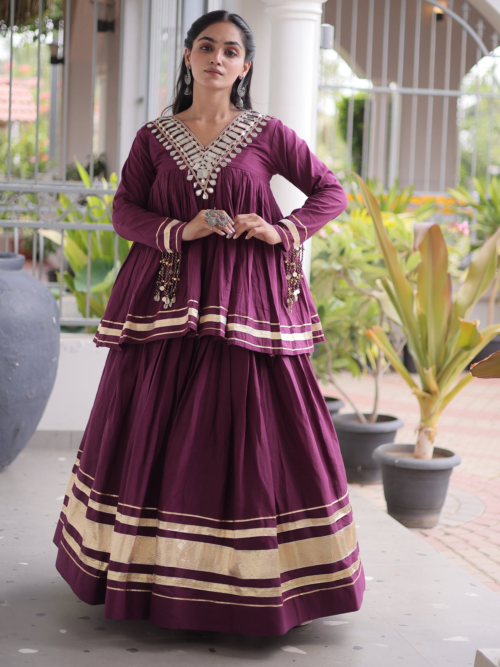 Classy Wine Mirror Laced Navratri Special Lehenga With Peplum Top