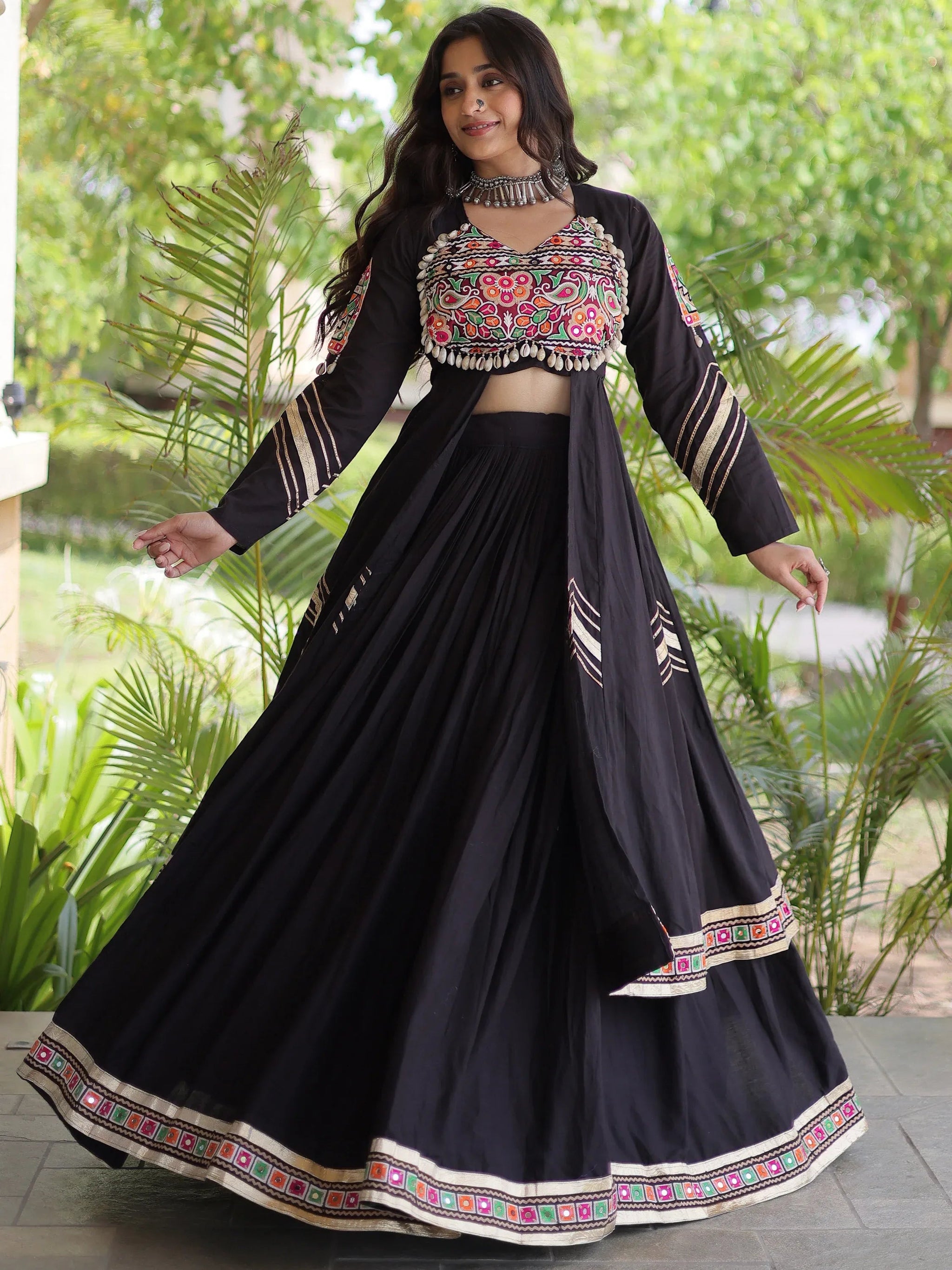 Remarkable Black Gamthi Work Cotton Navratri Wear Lehenga With Shrug