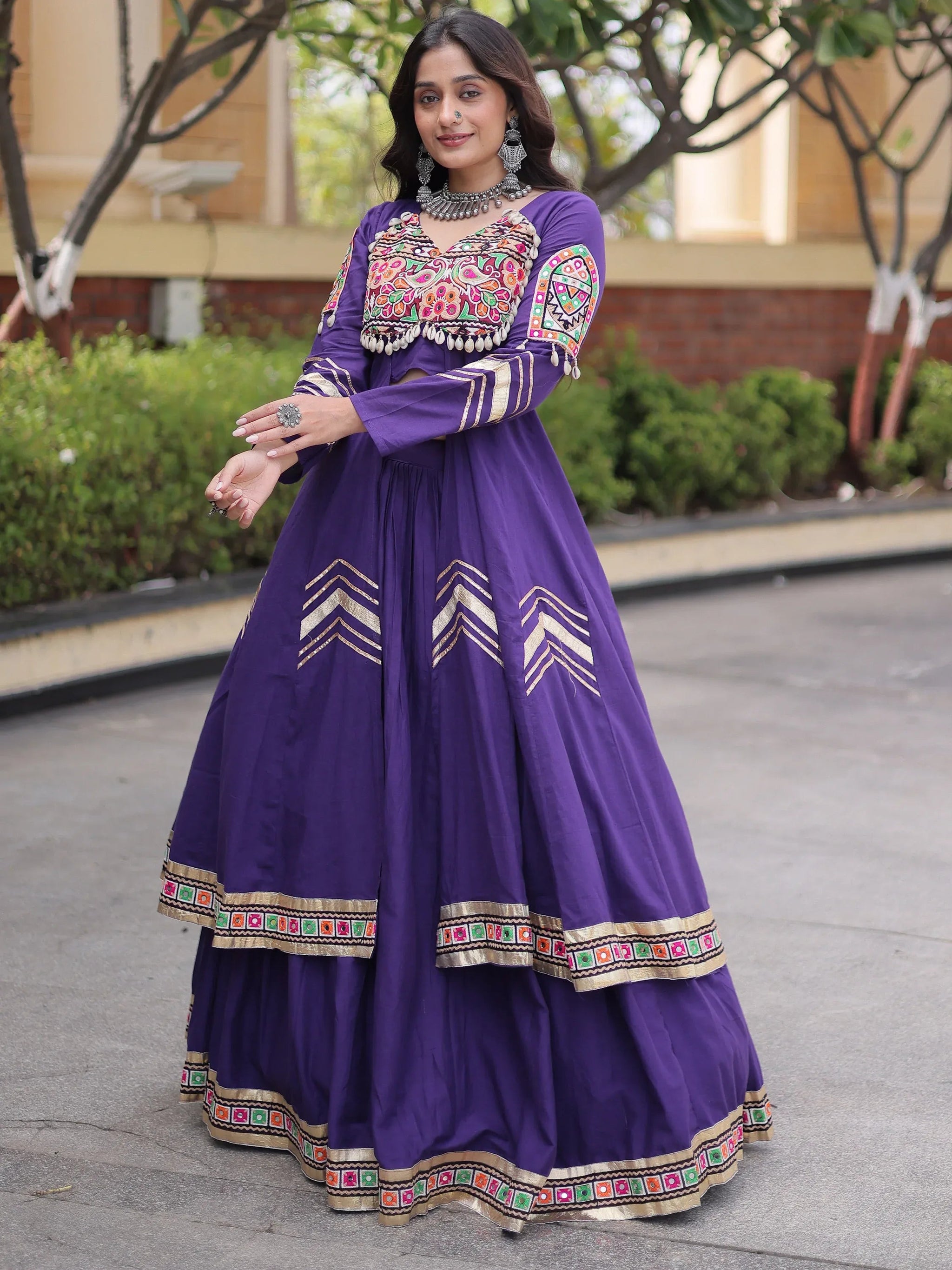 Purple Gota Laced Cotton Navratri Wear Lehenga With Shrug