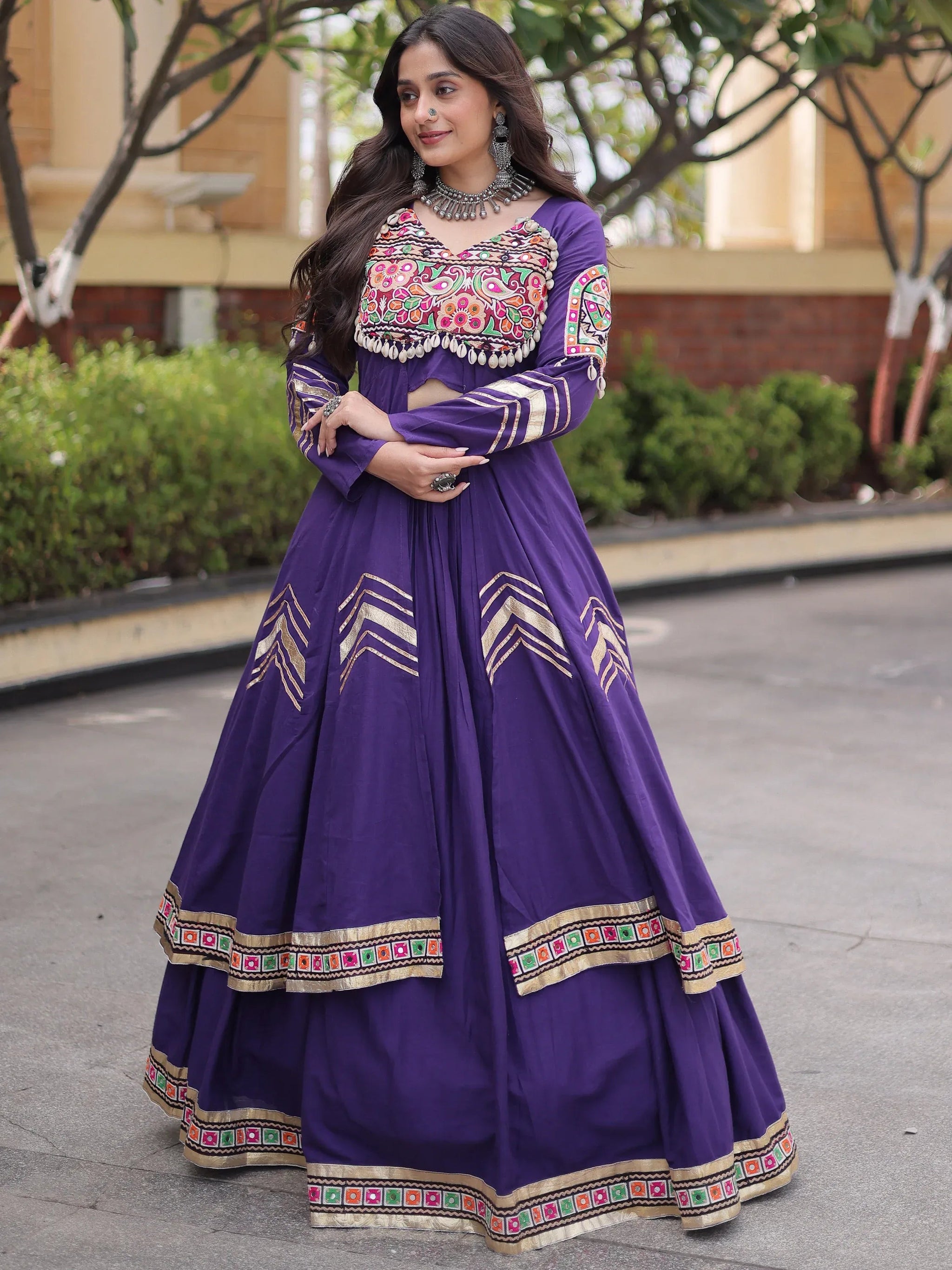 Purple Gota Laced Cotton Navratri Wear Lehenga With Shrug