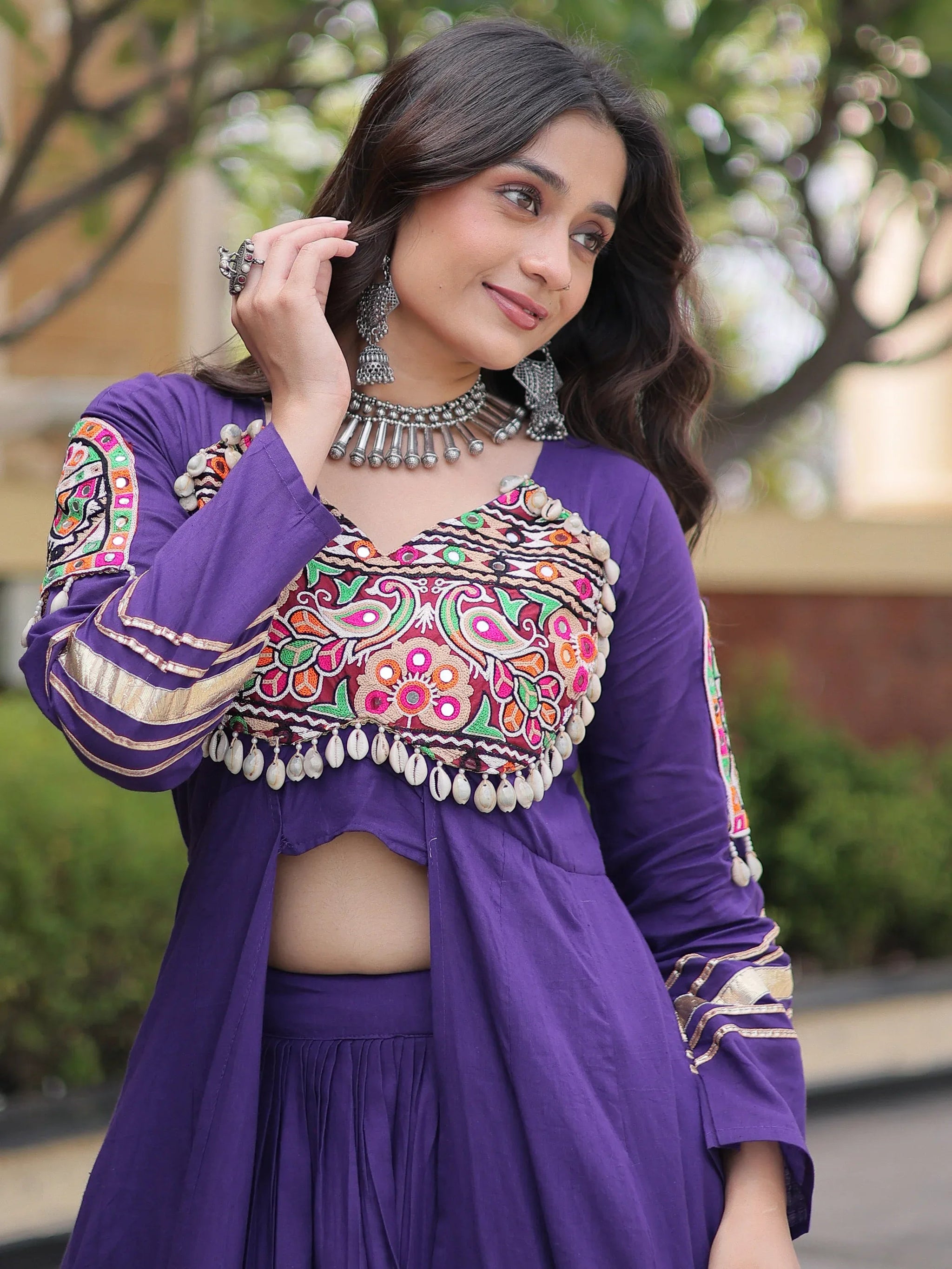 Purple Gota Laced Cotton Navratri Wear Lehenga With Shrug