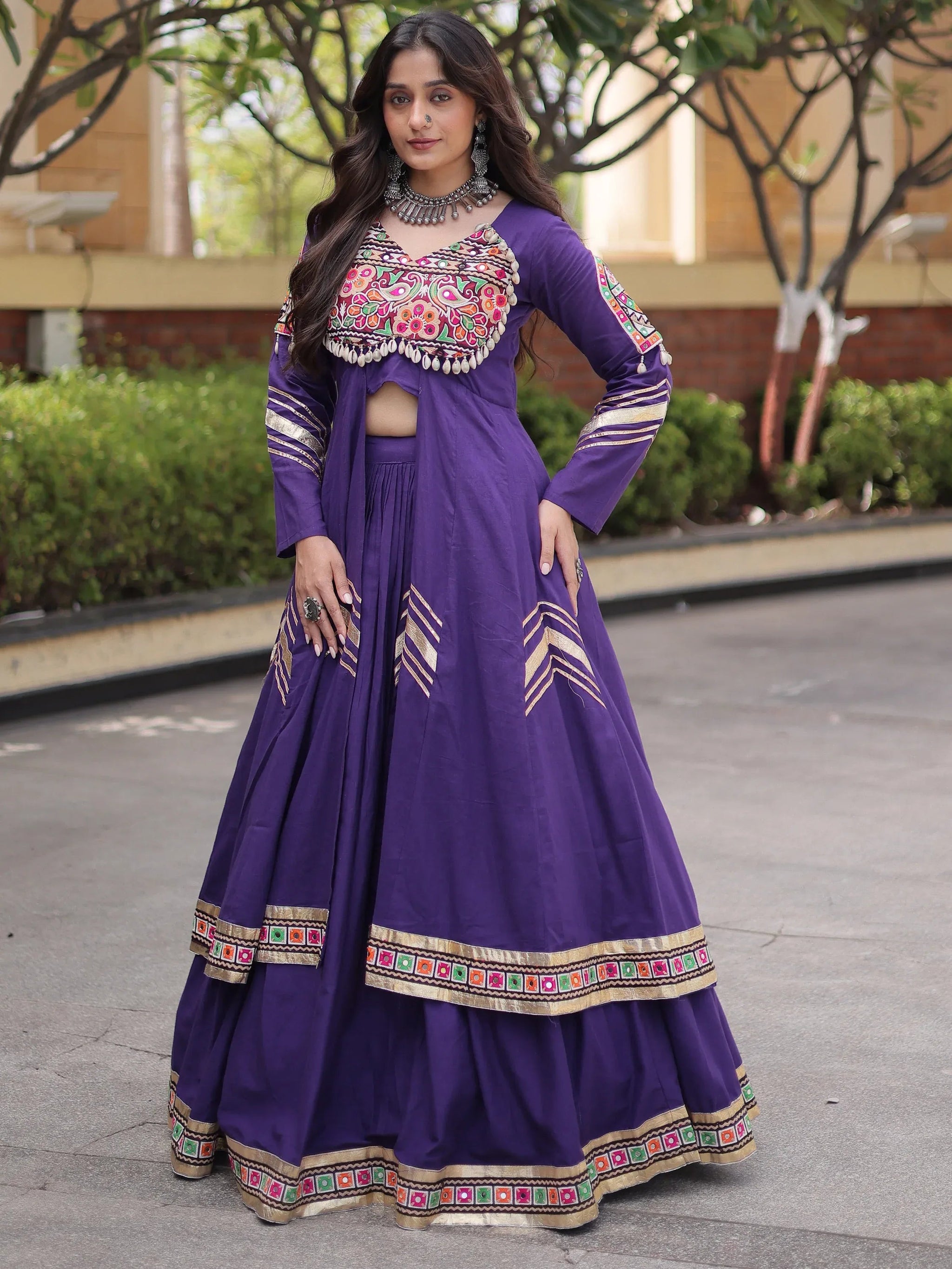 Purple Gota Laced Cotton Navratri Wear Lehenga With Shrug
