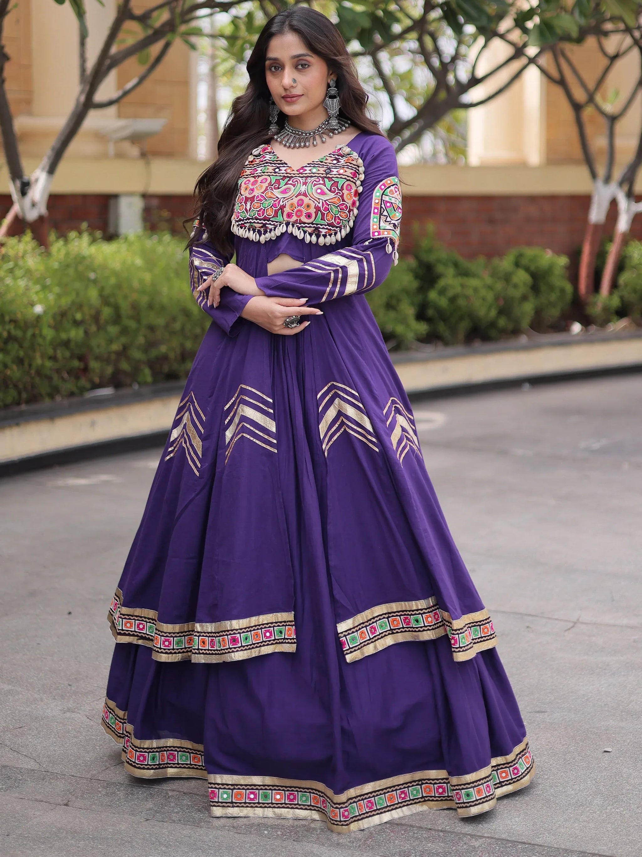 Purple Gota Laced Cotton Navratri Wear Lehenga With Shrug