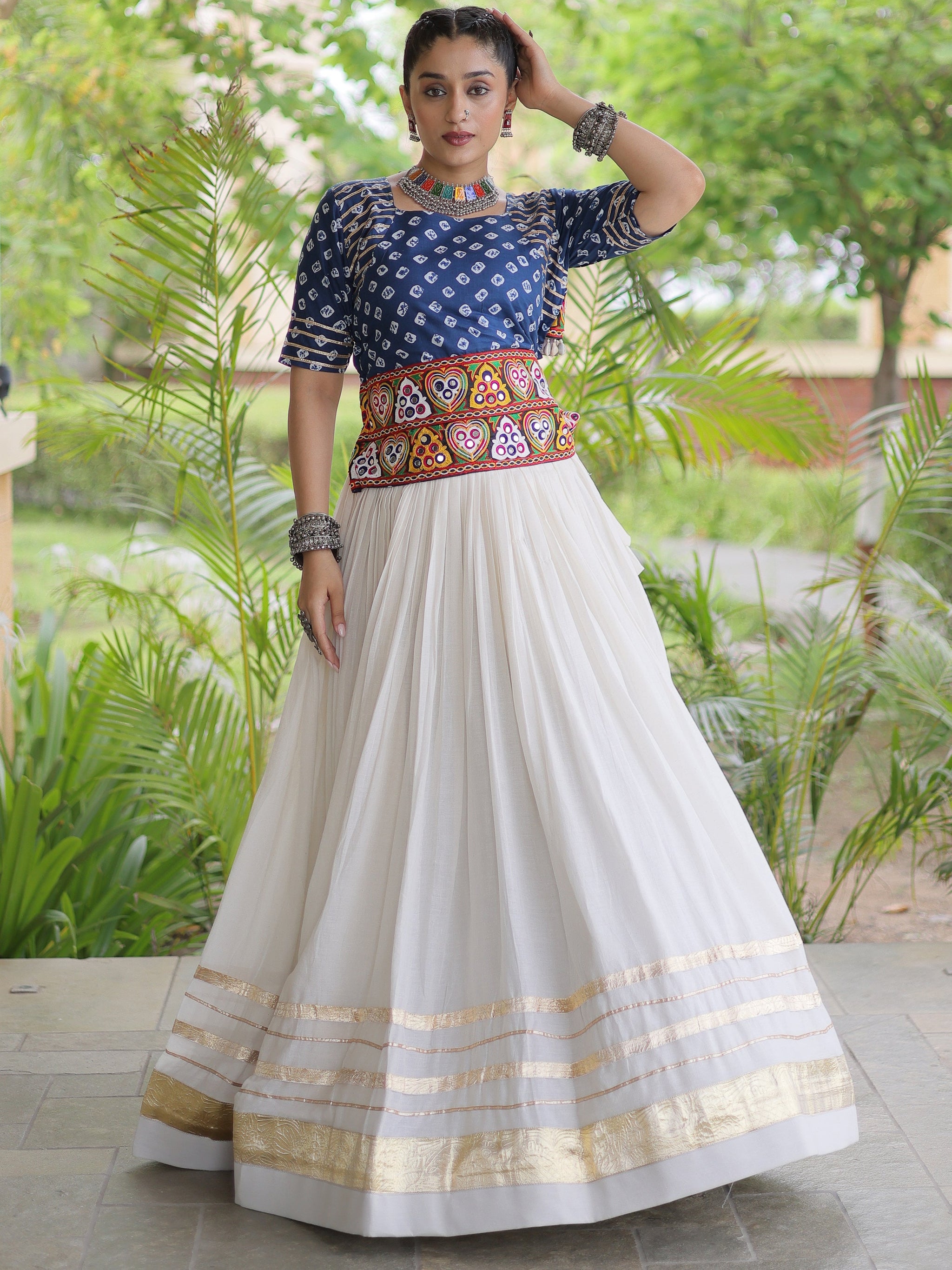 Beautiful Blue Cotton Navratri Wear Lehenga With Bandhej Printed Choli