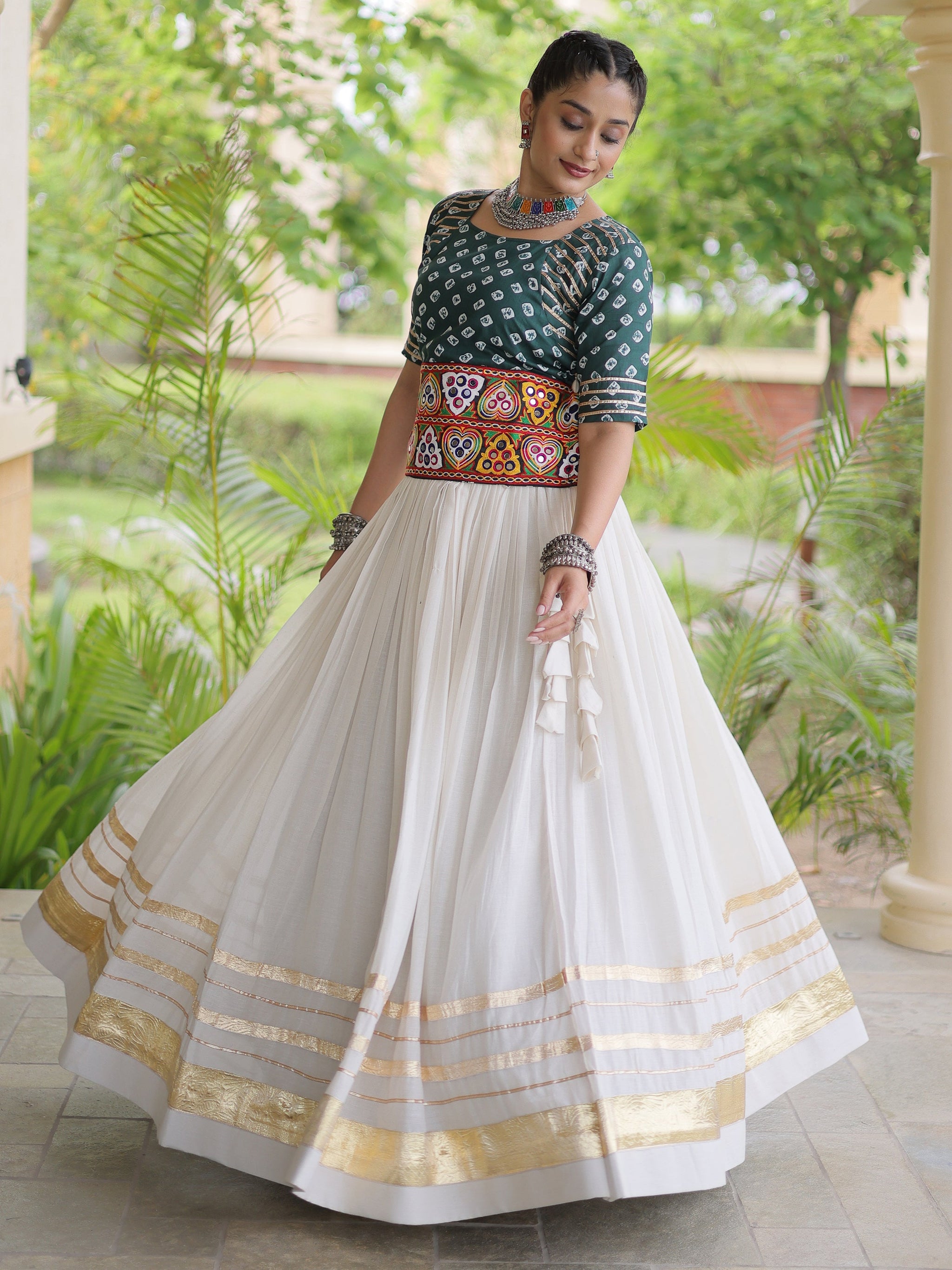 Classy Green Cotton Gota Laced Navratri Special Lehenga Choli