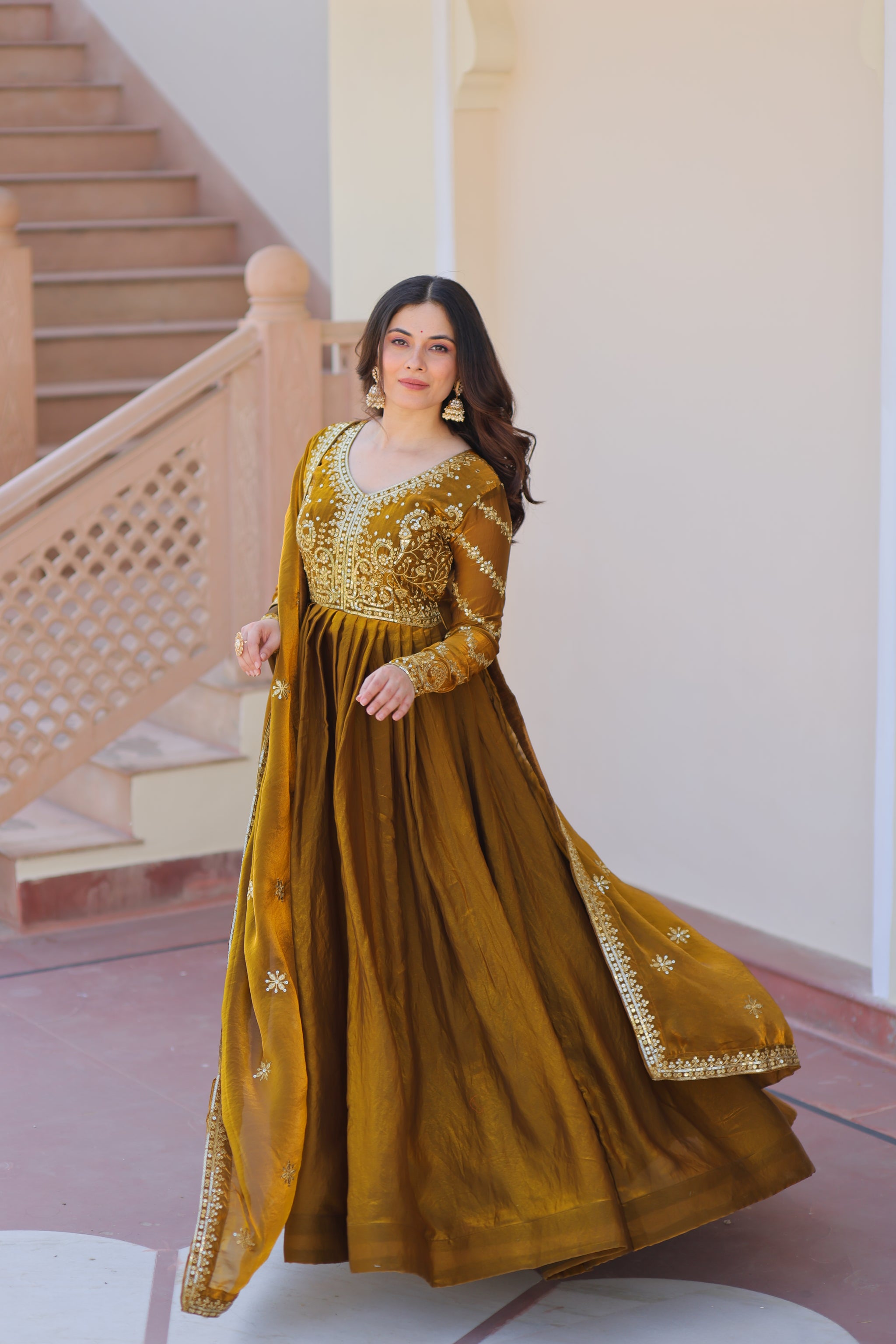Mehndi Color Fendi Embroidered Gown