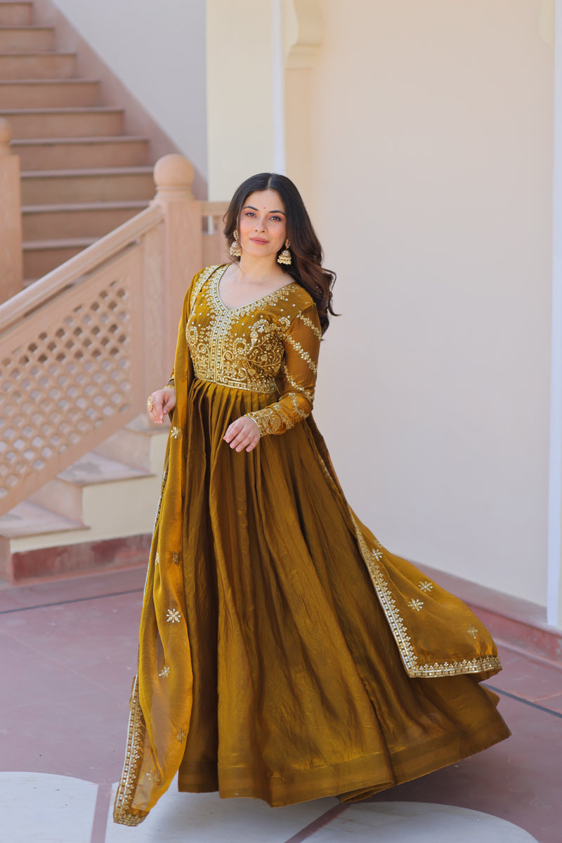 Mehndi Color Fendi Embroidered Gown