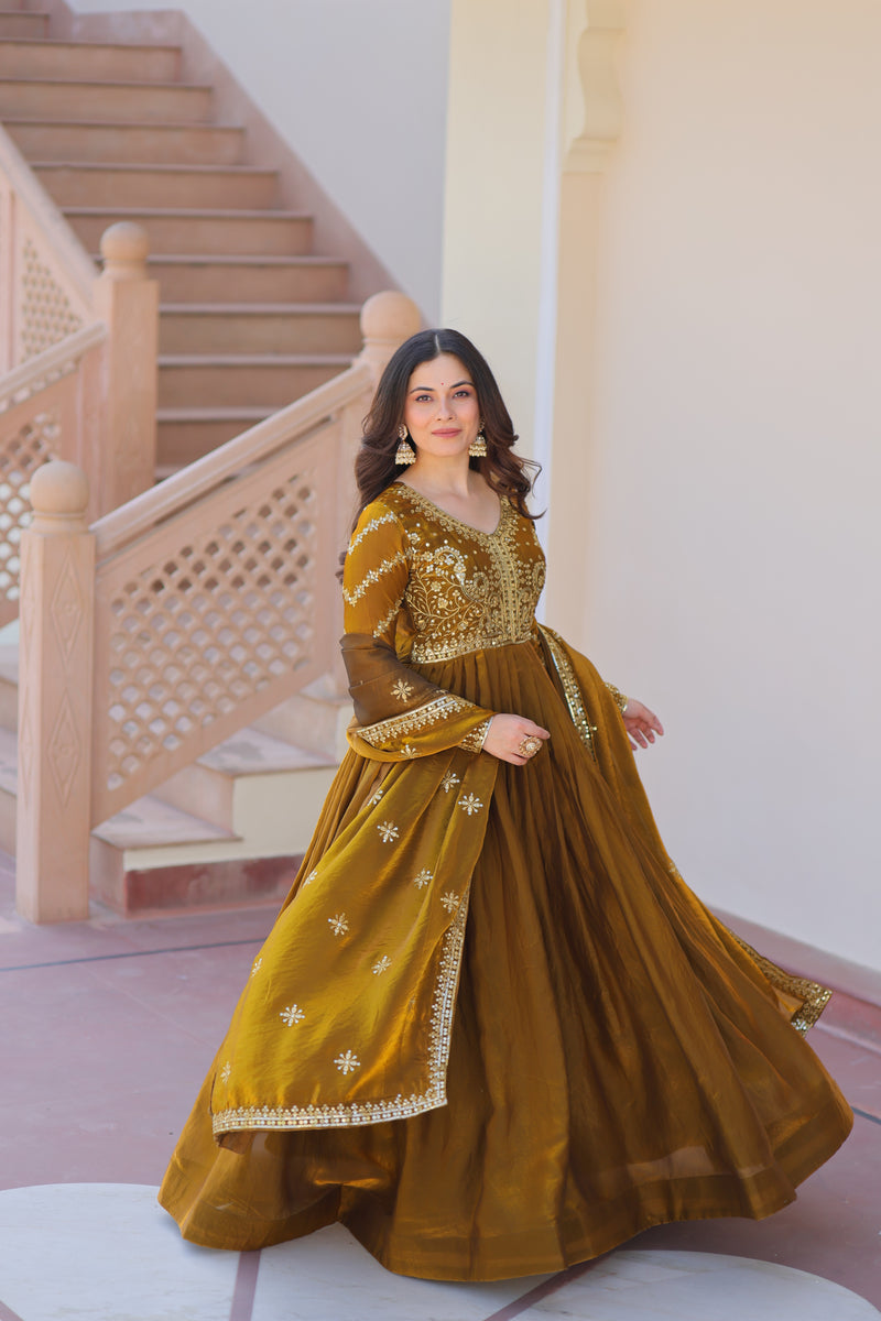 Mehndi Color Fendi Embroidered Gown