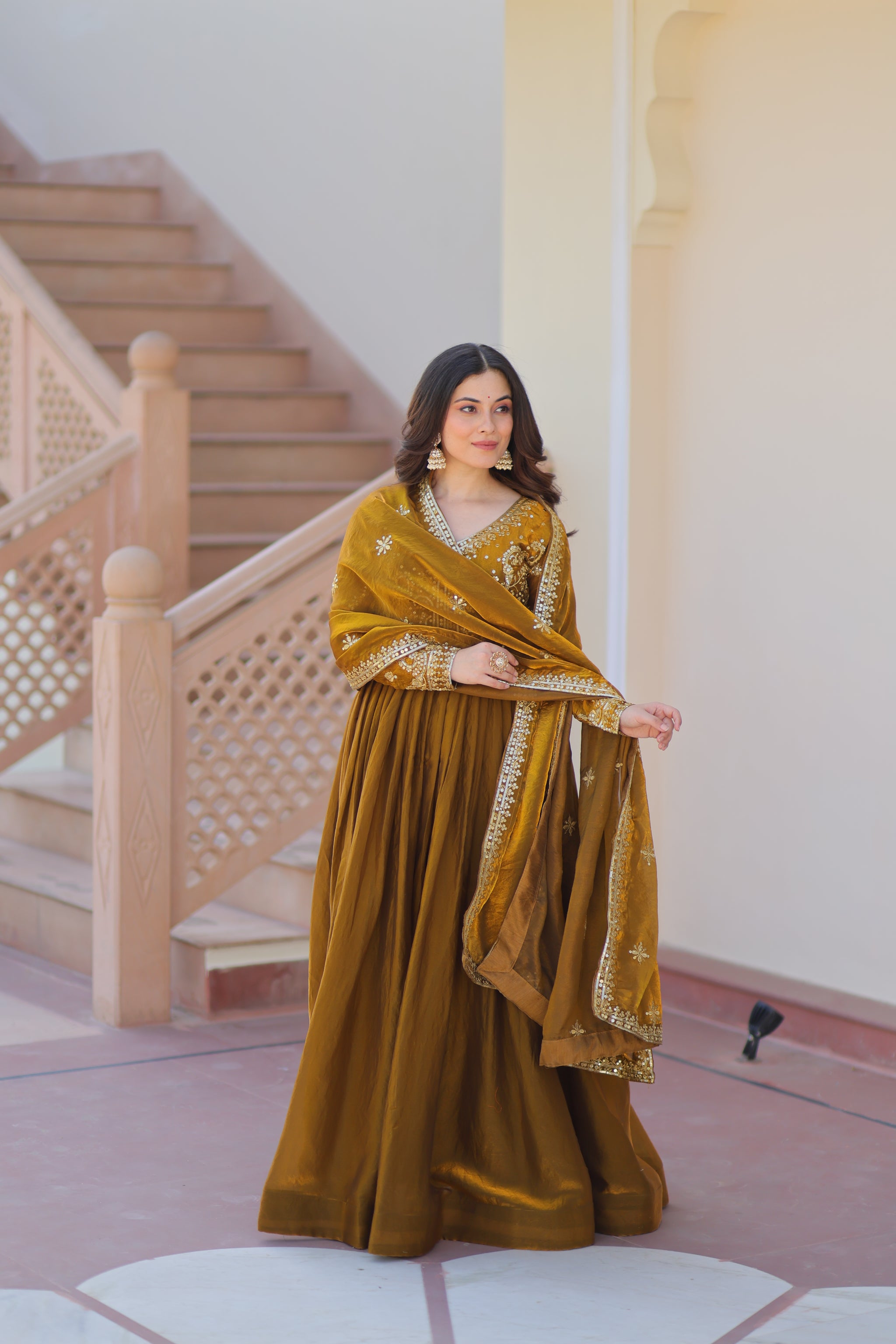 Mehndi Color Fendi Embroidered Gown