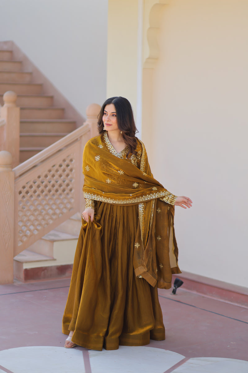 Mehndi Color Fendi Embroidered Gown
