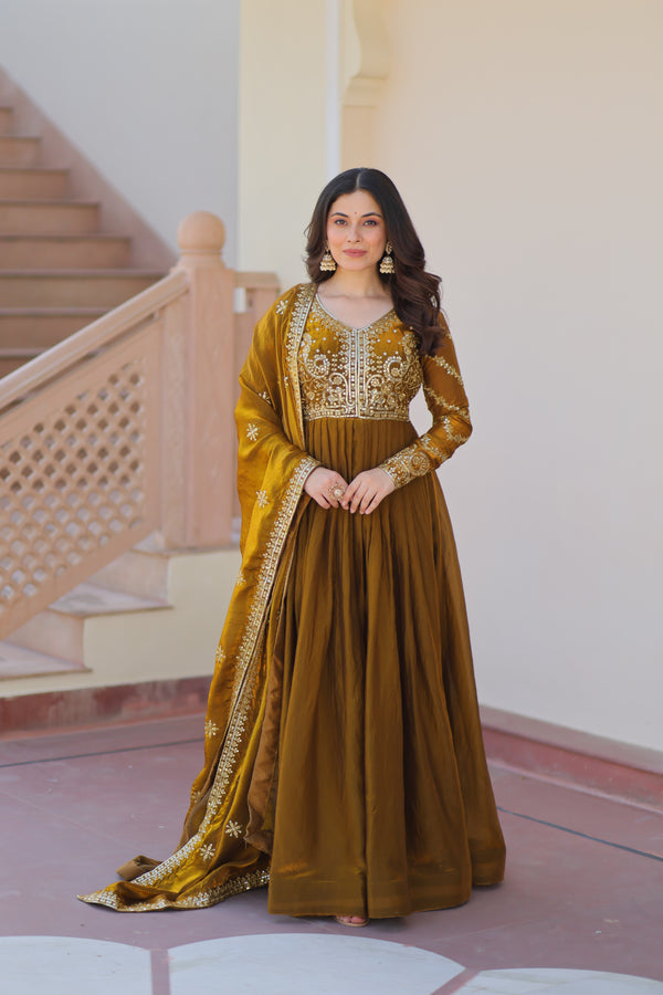 Mehndi Color Fendi Embroidered Gown