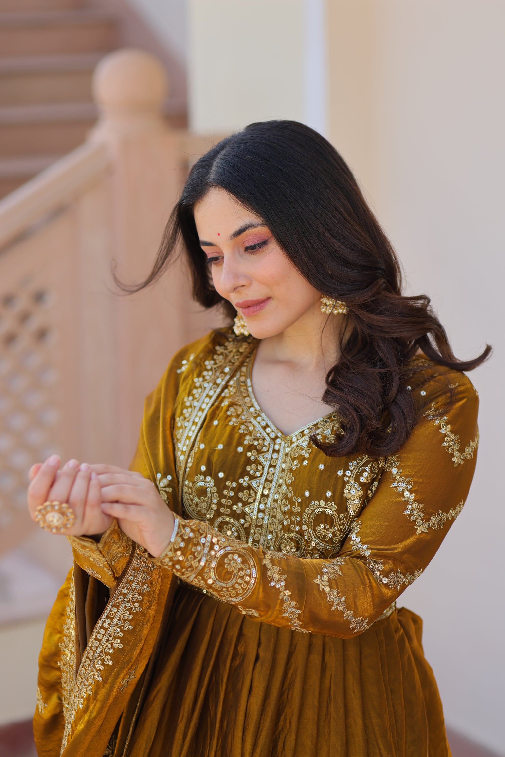 Mehndi Color Fendi Embroidered Gown