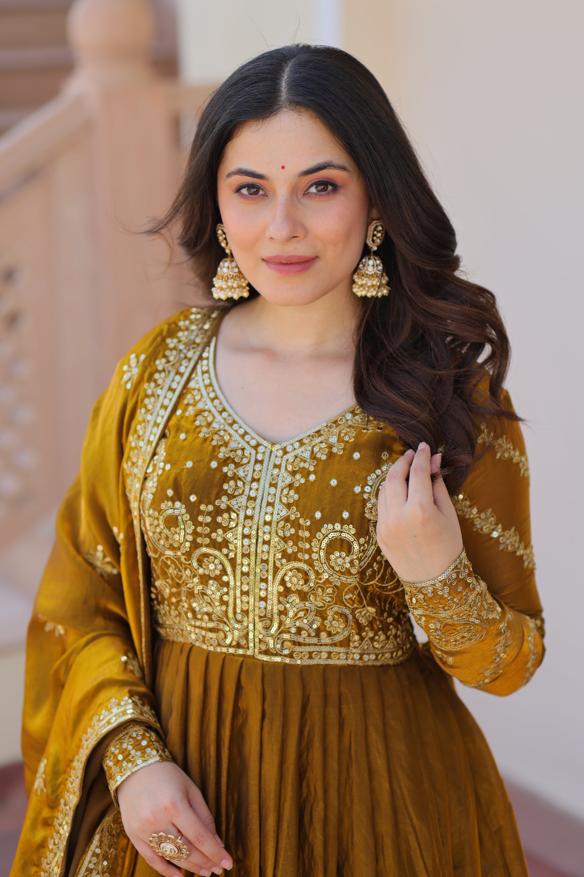 Mehndi Color Fendi Embroidered Gown