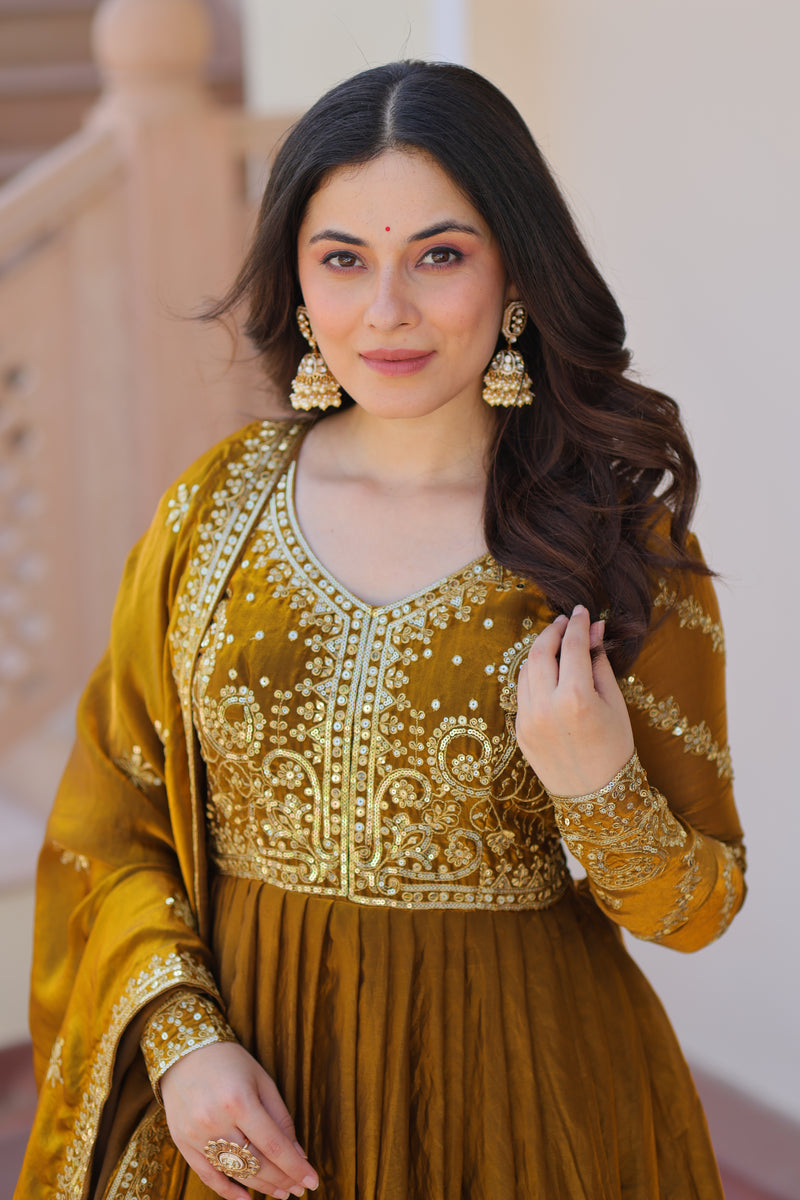 Mehndi Color Fendi Embroidered Gown