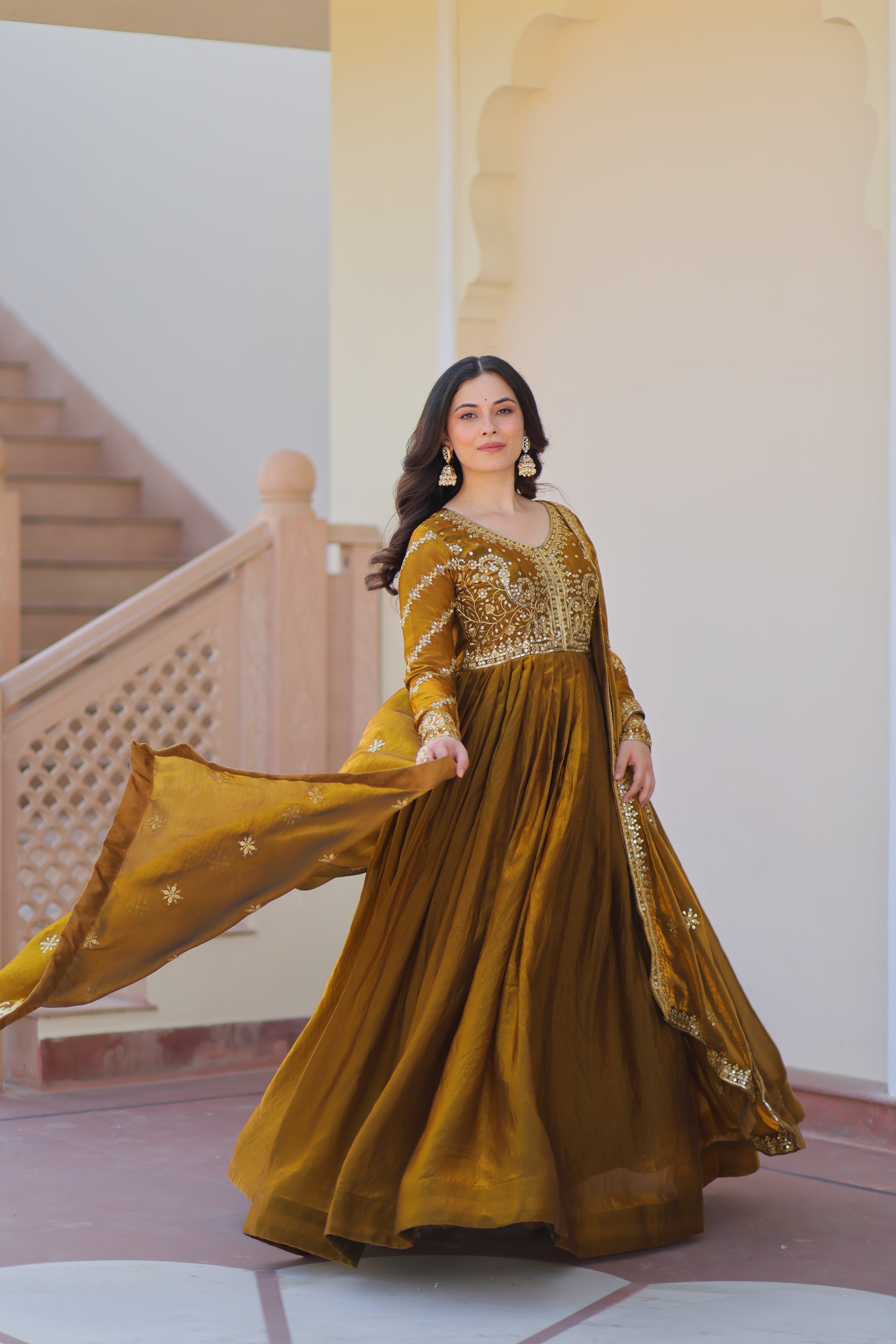 Mehndi Color Fendi Embroidered Gown