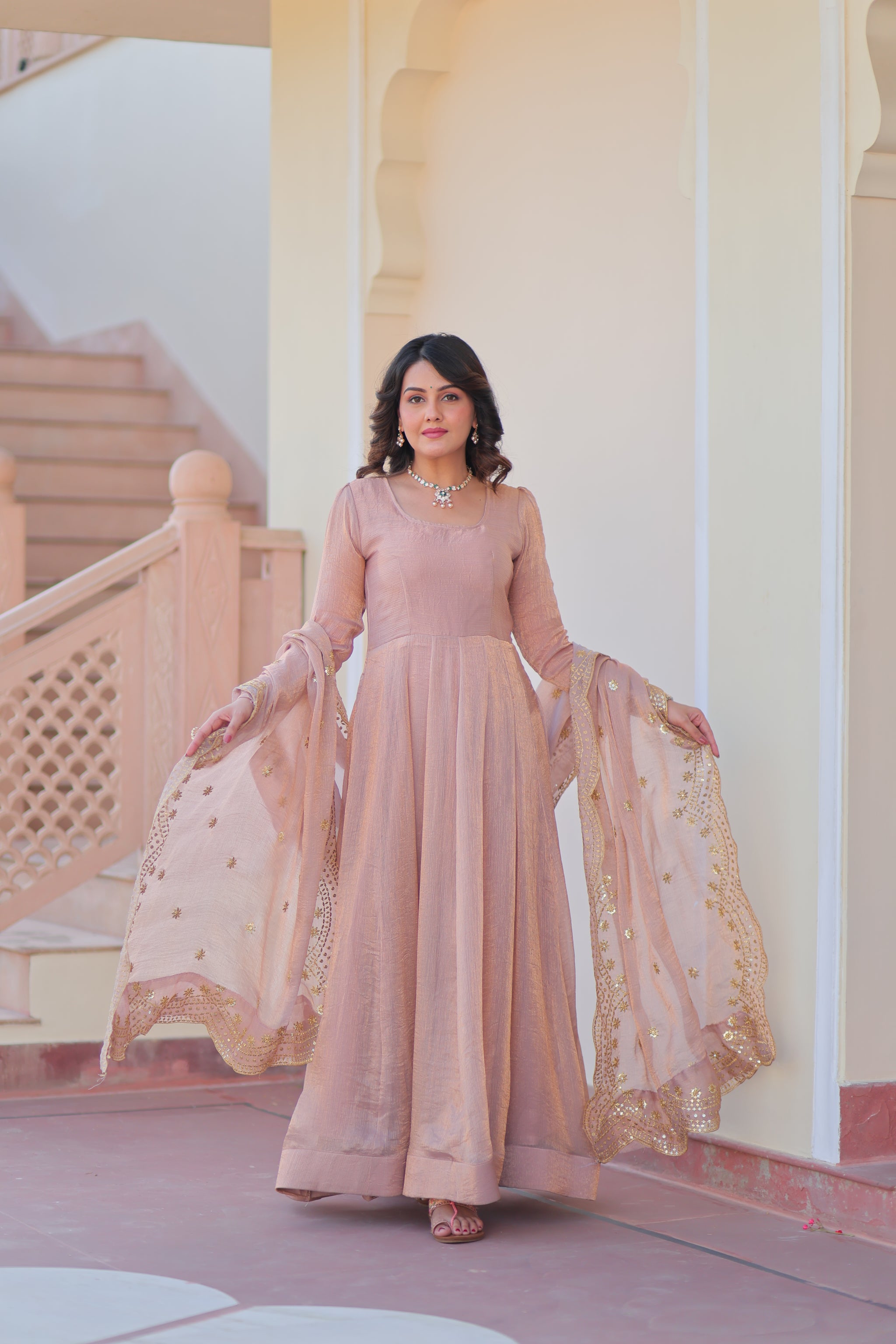 Varnika Fendy Chiffon gown with Sequins-Multi Embroidered Work Dupatta