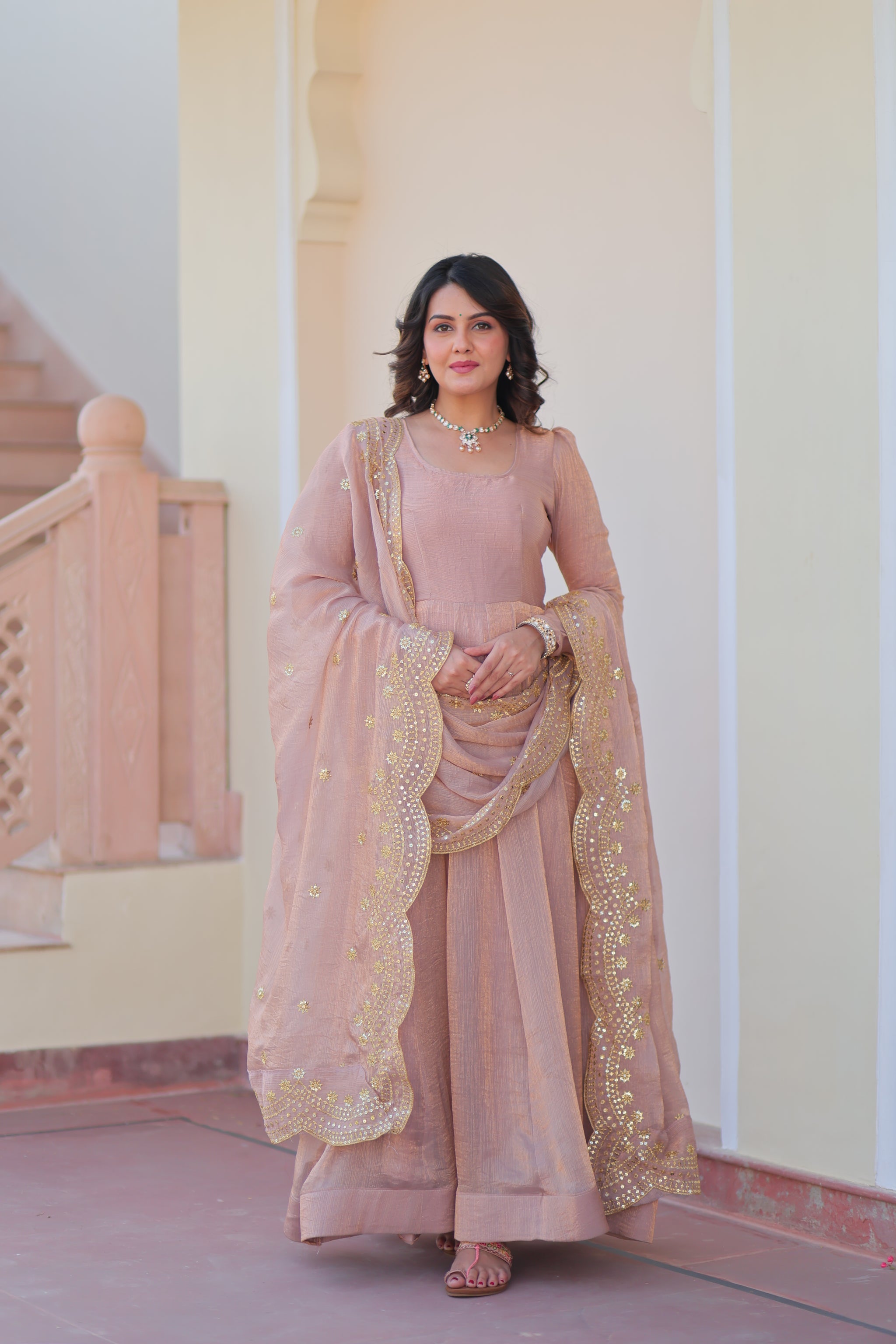 Varnika Fendy Chiffon gown with Sequins-Multi Embroidered Work Dupatta