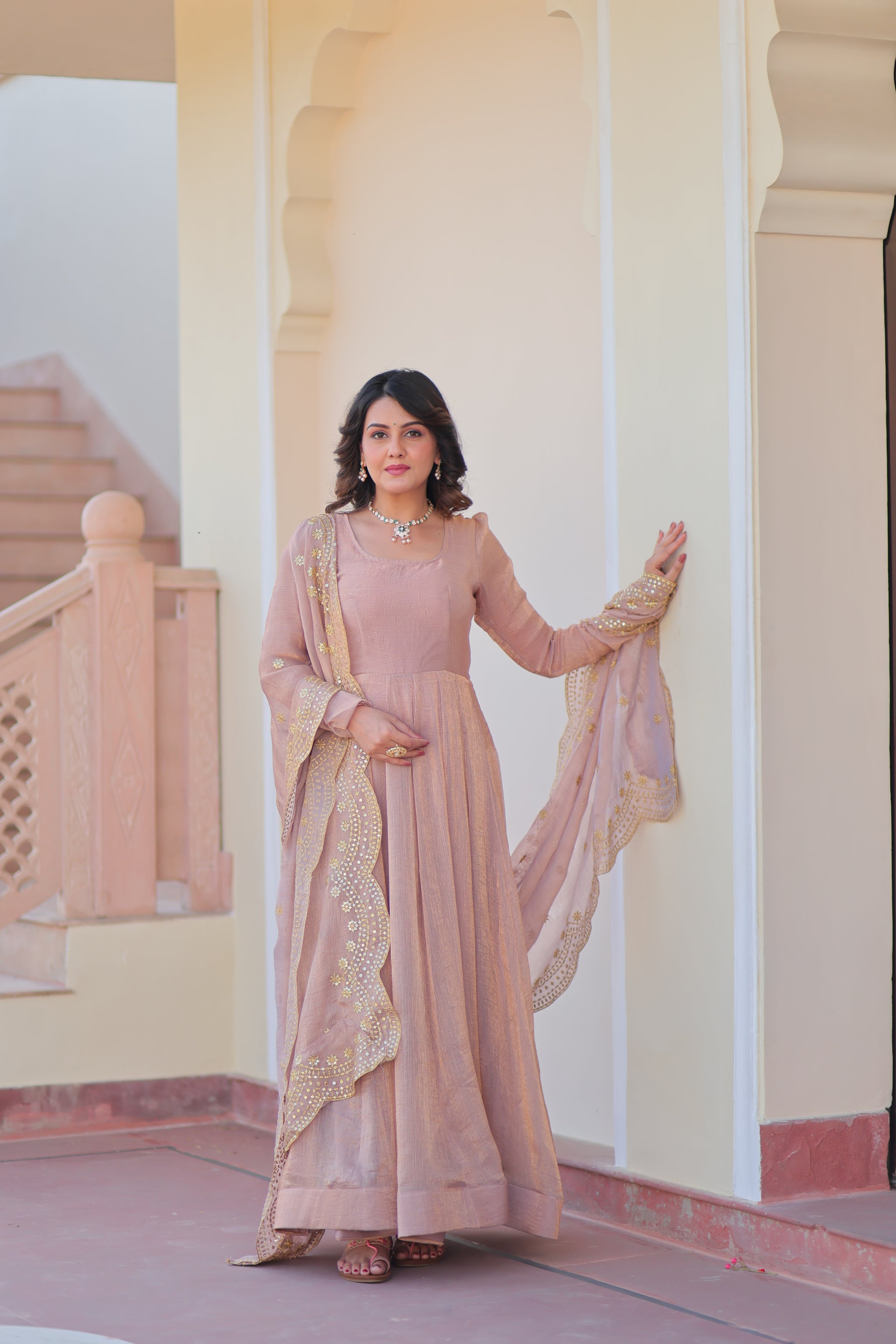 Varnika Fendy Chiffon gown with Sequins-Multi Embroidered Work Dupatta