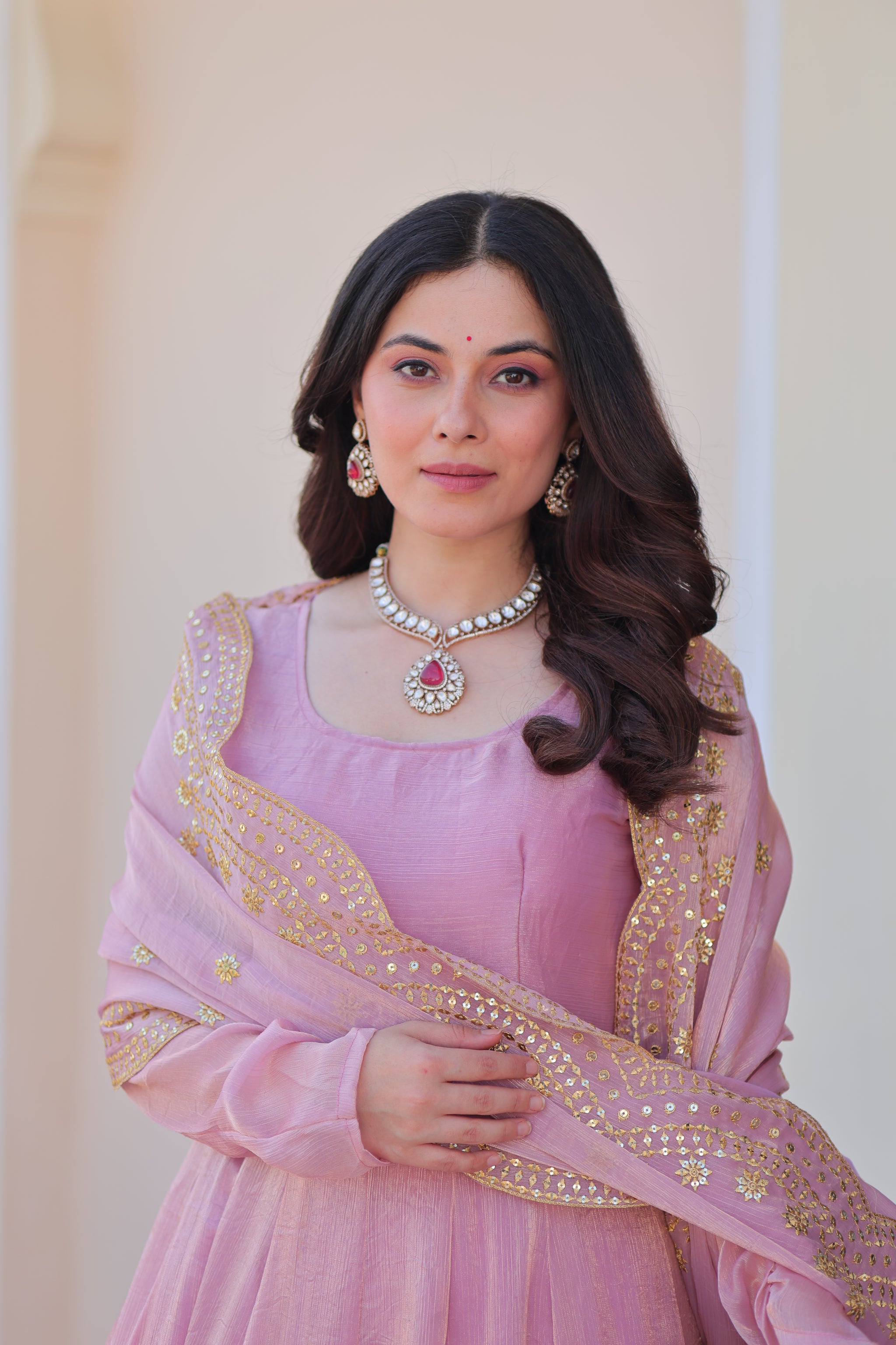 Pink Chiffon Long Gown With Dupatta