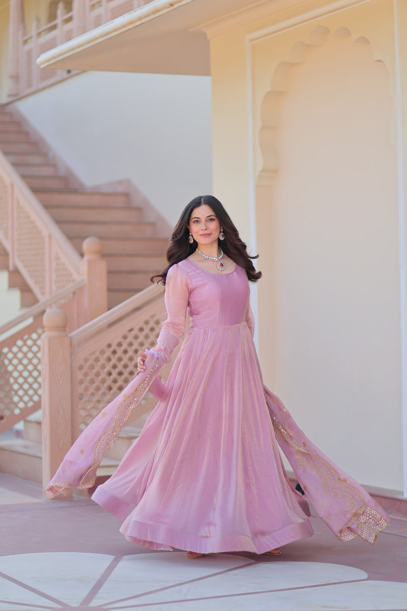 Pink Chiffon Long Gown With Dupatta