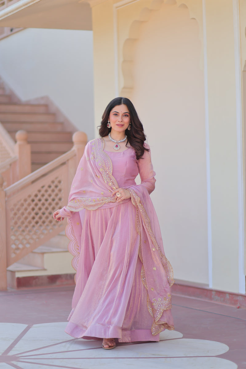Pink Chiffon Long Gown With Dupatta