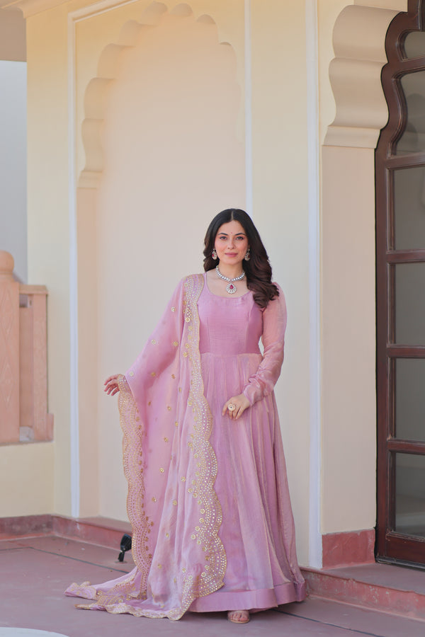 Pink Chiffon Long Gown With Dupatta