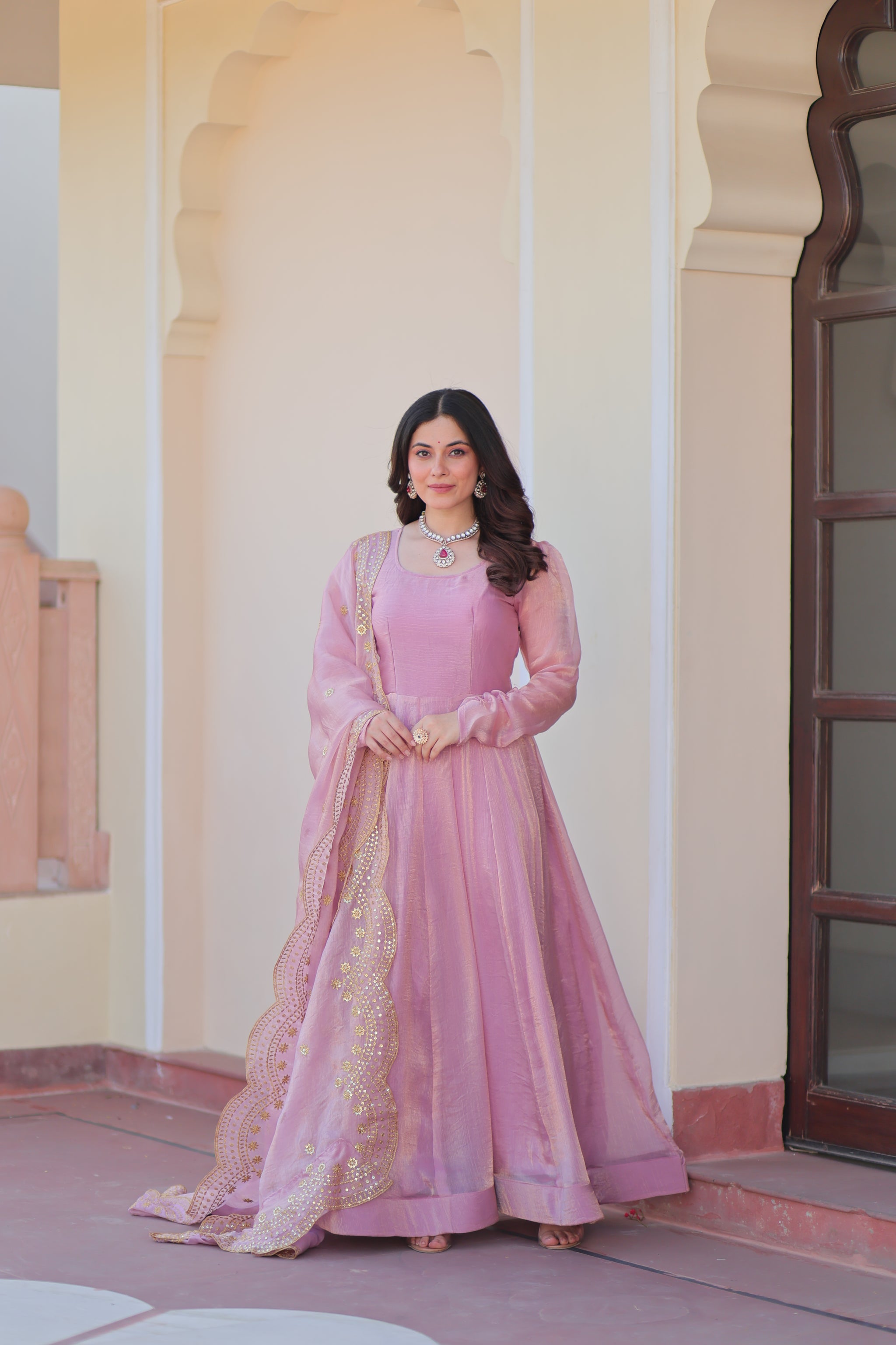 Pink Chiffon Long Gown With Dupatta