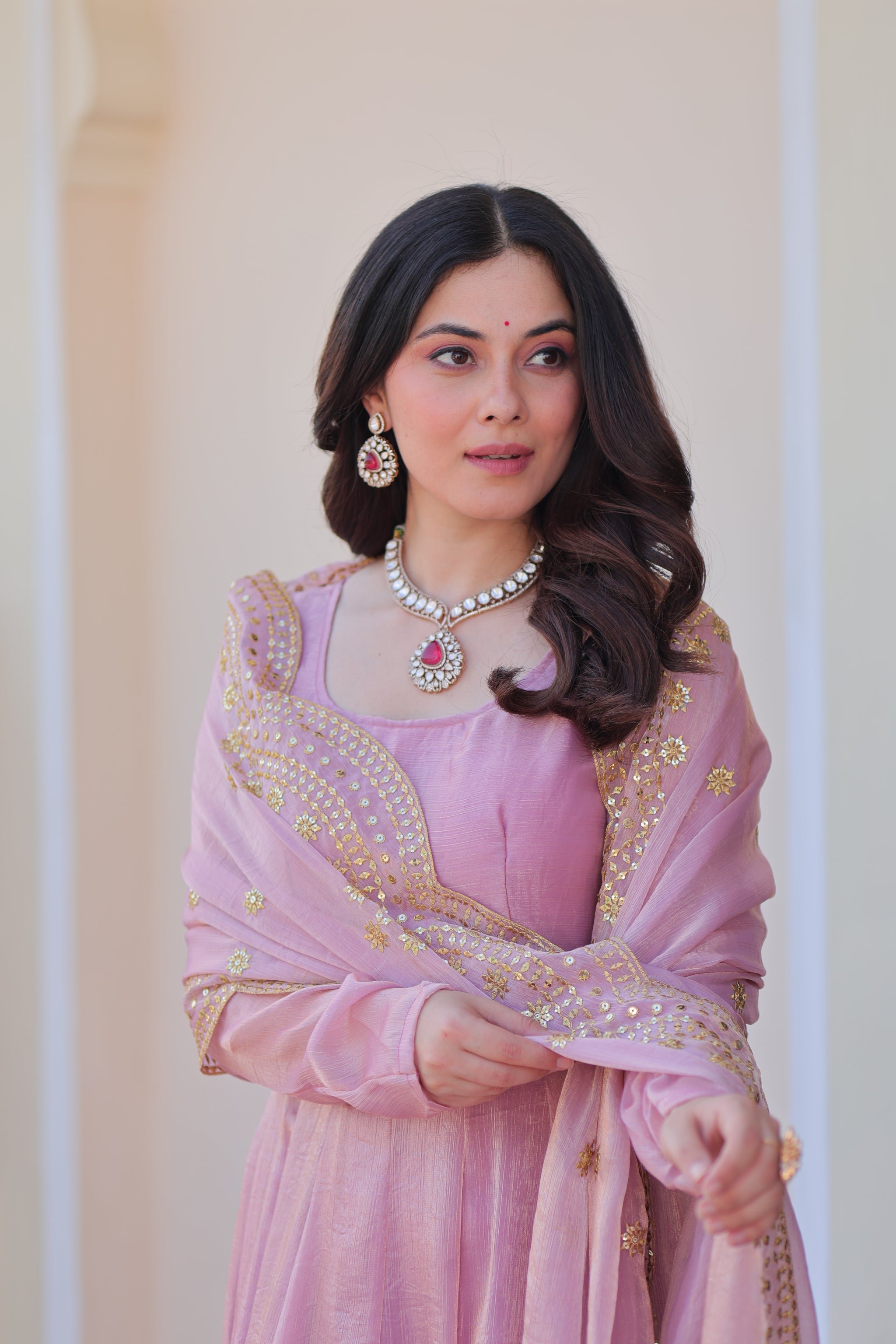 Pink Chiffon Long Gown With Dupatta