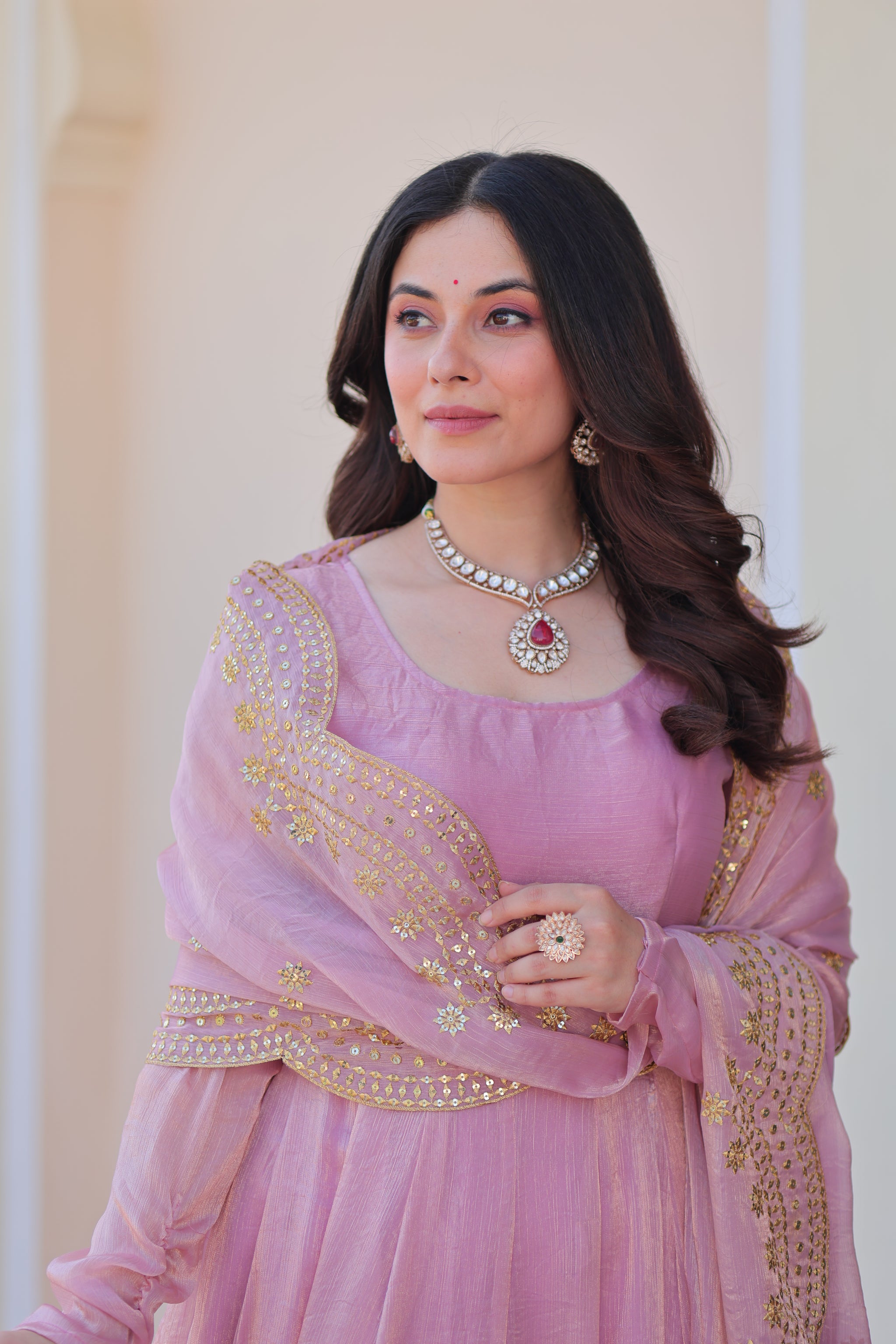 Pink Chiffon Long Gown With Dupatta