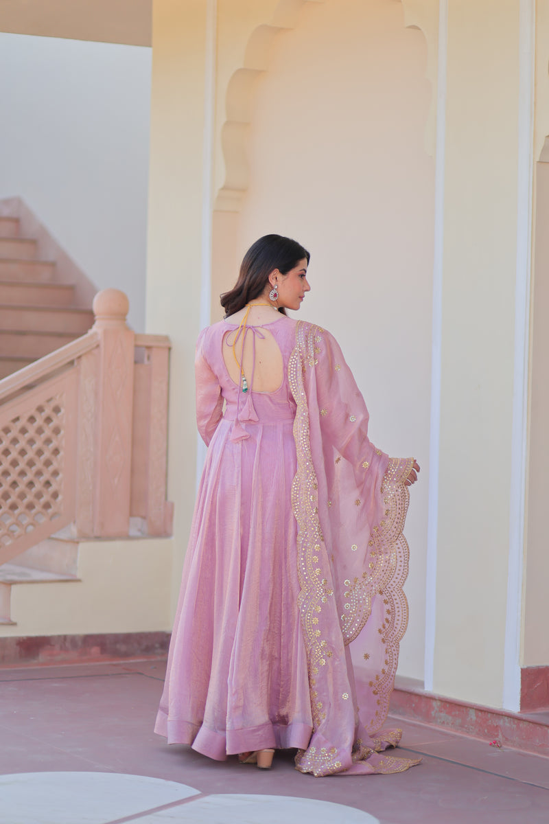 Pink Chiffon Long Gown With Dupatta