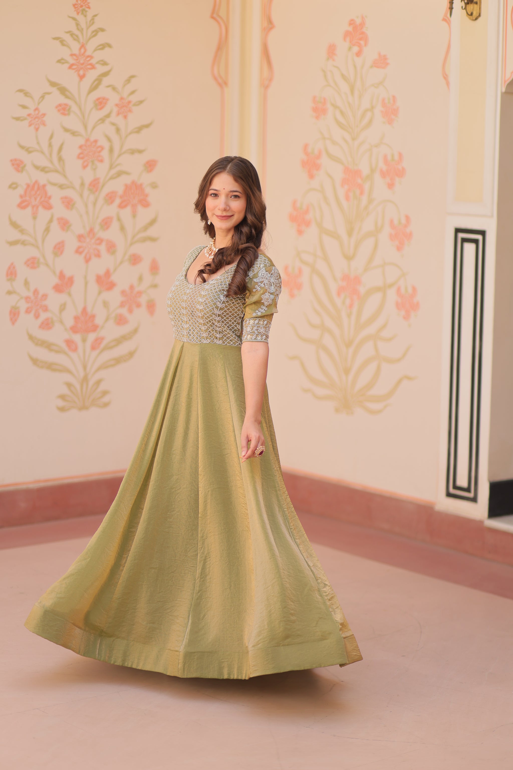 Mehndi Color Fendi Embroidered work Gown