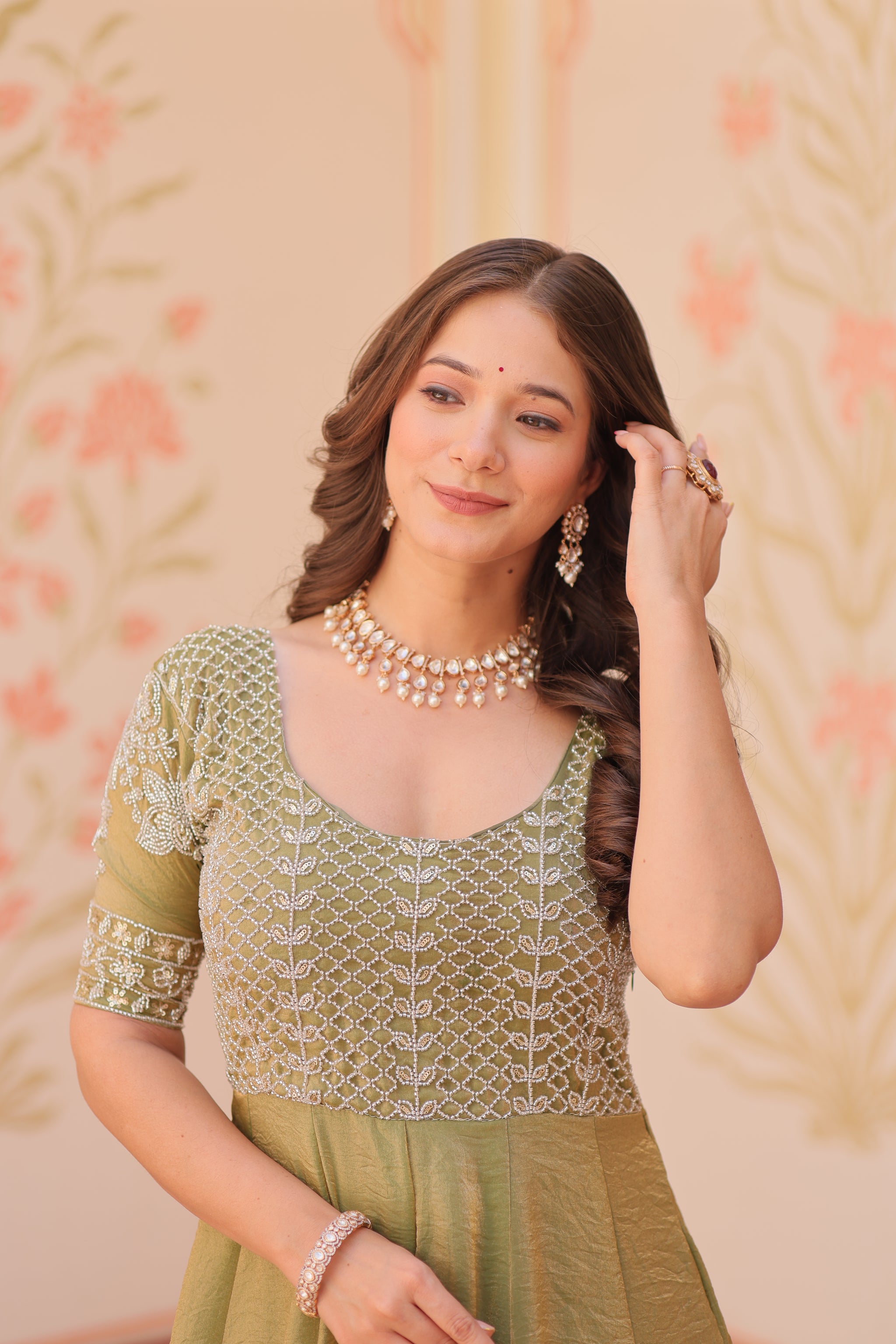 Mehndi Color Fendi Embroidered work Gown